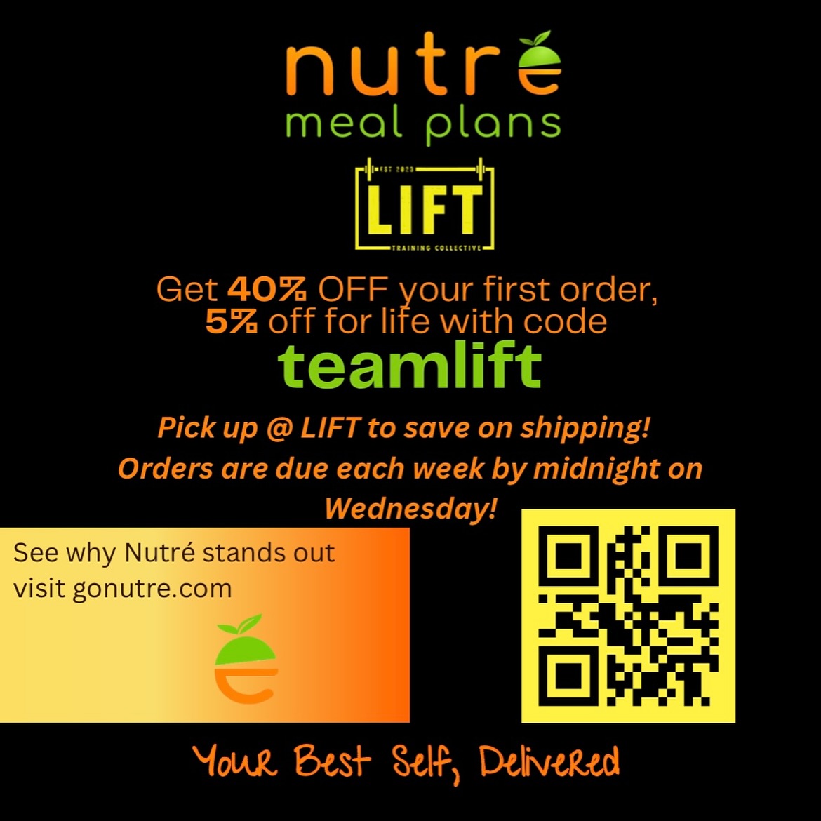 NUTRE MEAL PARTNERSHIP🔥
•
As we all know, true health and wellness means that we are not only moving our bodies but fueling our bodies as well… with that being said, we are so excited to announce that LIFT is partnering with Nutre Meals, a local, ready-to-eat meal delivery service that focuses on nutrient dense foods and local ingredients whenever possible. Their menu changes weekly with options to suit your personal dietary needs and support your training goals! Nutre Meals are available to members and non-members!
•
With our discount code TEAMLIFT, you will get 40% off your first order and 5% off your orders after that— cancel anytime! On top of that, you can opt to pick up your meals right here at the gym and you’ll save on shipping! **Orders are due each week by midnight on Wednesday.**
•
We encourage anyone that feels overwhelmed by meal prepping to give Nutre Meals a try— 40% off your first order is a no brainer! Learn more at gonutre.com!
P.S. Nutre Meals will be at our Open House Party on Friday, May 30th giving away FREE meals! Stay tuned for more details soon…