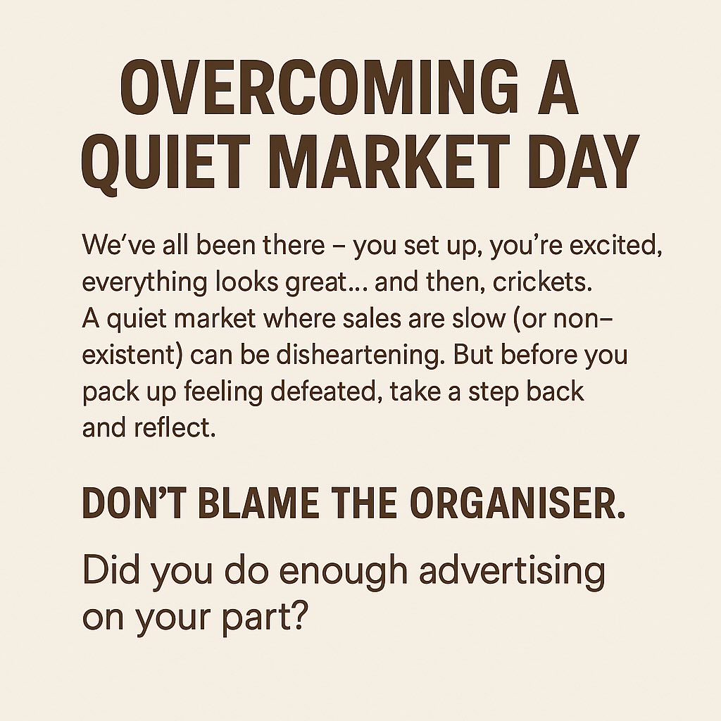 Overcoming a Quiet Market Day
We’ve all been there — you set up, you’re excited, everything looks great… and then, crickets. A quiet market where sales are slow (or non-existent) can be disheartening. But before you pack up feeling defeated, take a step back and reflect.
First things first: don’t blame the organiser. They’re juggling a lot — stallholders, logistics, marketing — and while it’s their job to help bring people in, it’s also your job to bring people to you.
Ask yourself honestly: Did you do enough advertising on your part?
Did you post about the event? Share it on your socials? Tell your customers and local community where you’d be? Even just a few stories or a post the day before can make a huge difference.
Markets are a partnership. The more noise you make, the more momentum you build — not just for yourself, but for the whole market community.
A quiet day doesn’t mean failure. It’s a chance to learn, tweak your setup, chat to other stallholders, and plan your next move. You’ve got this.