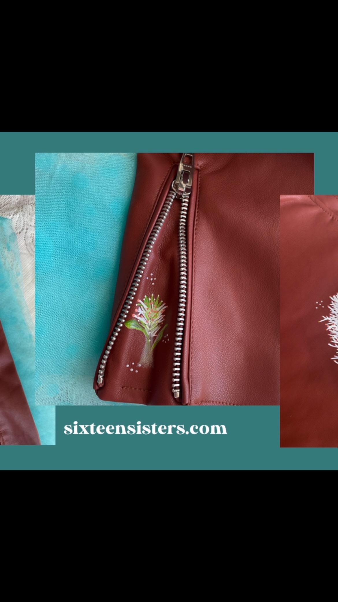 HAND PAINTED VEGAN LEATHER JACKET❤️❤️❤️ Leather or vegan leather jackets are timeless. Throw them on with dresses, jeans, over a tank & shorts, it always works! Customizing these jackets with my original art, hand painted in the sleeve zip, back of jacket and on the pockets, provides a unique, fun, one of a kind piece to your wardrobe ~ and it will always be in style! Check my website: sixteensisters.com for market events and new items. #artonleather #inspiredbynature #handpaintedhandbags #grandbazaarnyc #customhandbags #wearableart #handpaintedjacket