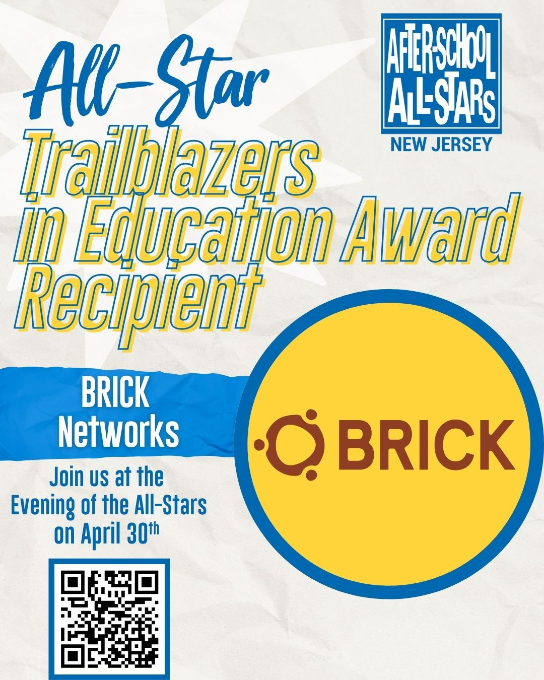 We’re proud to announce BRICK Networks as the 2025 recipient of our All-Star Trailblazers Award! 🌟
Through their unwavering commitment to equity, innovation, and educational excellence, BRICK Networks has set the standard for what it means to boldly reimagine education and build generational change in our communities.
From early childhood to leadership development, BRICK continues to blaze a path forward—empowering families, transforming schools, and lifting up Newark and beyond.
Please join us as we celebrate their extraordinary impact at our inaugural Evening of the All-Stars!
📅 Wednesday, April 30, 2025
🕡 6:30 PM
📍 The Crystal Ballroom, Robert Treat Hotel, Newark, NJ
🎟️ Learn more and support at: www.asasnj.family/allstars
#AllStarTrailblazers #BRICKNetworks #ASASNJ #EveningOfTheAllStars #EducationLeaders #EquityInAction #CommunityImpact #NewarkEducation #CelebrateWithUs
