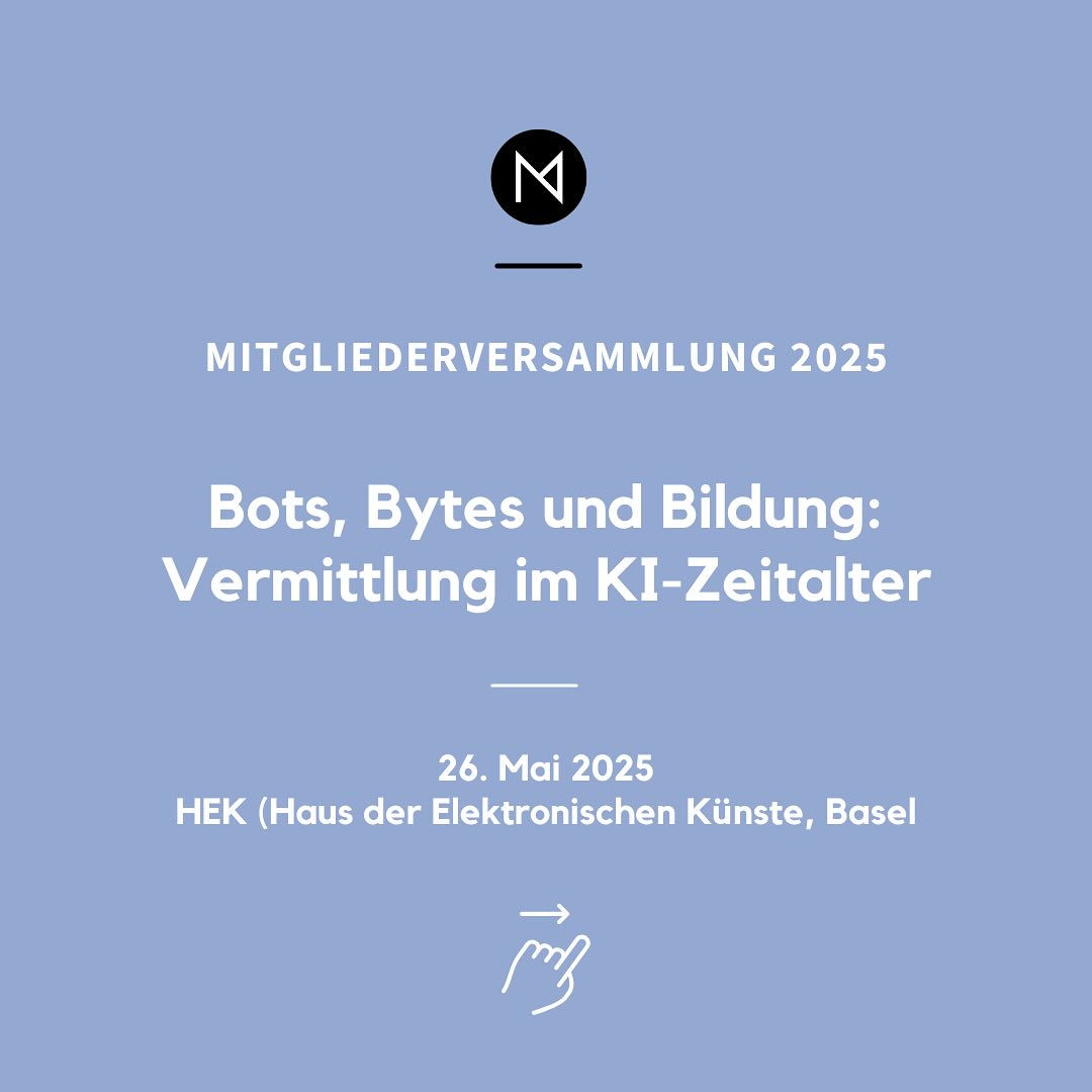 Mitgliederversammlung 2025: Vermittlung & KI
Am 26. Mai 2025 treffen wir uns im @hek_basel, um uns mit einem brandaktuellen Thema auseinanderzusetzen: Künstliche Intelligenz in der Vermittlung.
KI ist längst Teil unseres Alltags – und auch Museen stehen vor der Frage, wie sie mit dieser Technologie umgehen wollen. Welche Chancen bietet KI für die Vermittlungsarbeit? Und wo liegen die Herausforderungen?
Freu dich auf:
✨ Einblicke in aktuelle Vermittlungsprojekte mit KI von @timbotoni.ch @hepvaud @_freisicht_ @stadtmuseumaarau
🎤 Keynote von @jan.laessig
🧪 Selber prompten üben
🤝 Austausch & Diskussion
📍 Jetzt anmelden – Link in Bio!
#mediamus #mitgliederversammlung2025 #vermittlungsarbeit #kiimmuseum #hekbasel #museumvermittelt #ki