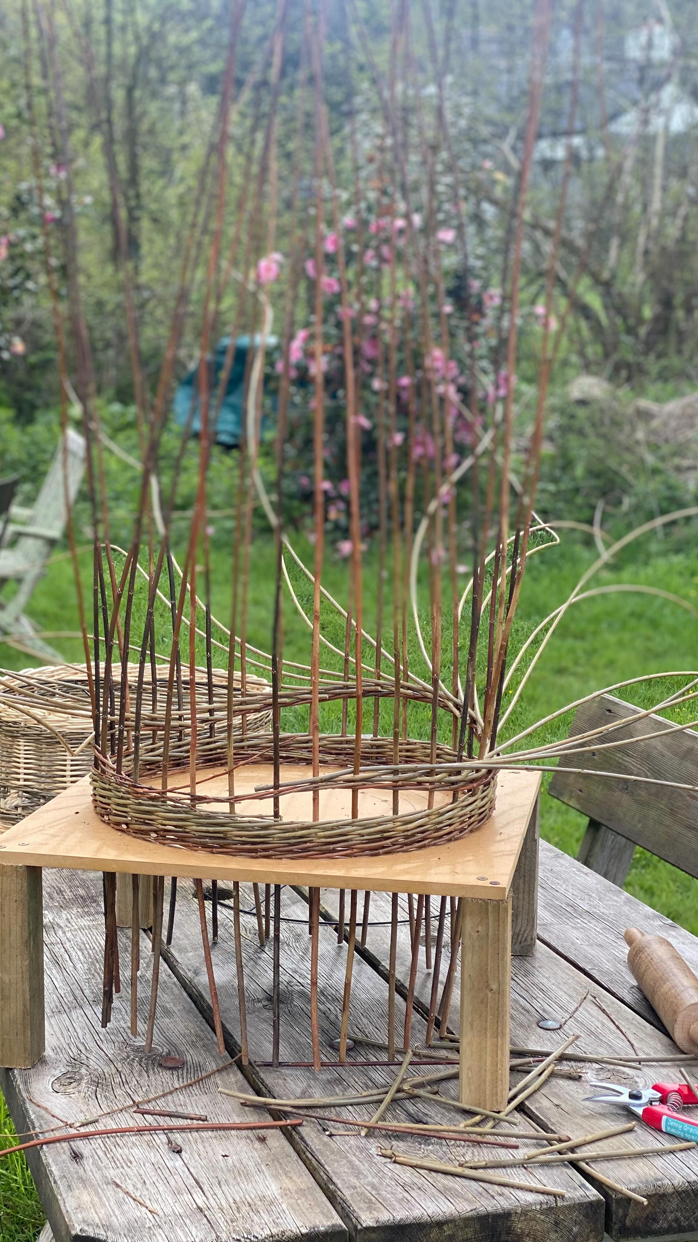 The @find.amaker prompt for today is ‘a day in the life…’
Mine vary a fair bit depending on what I’m making or whether I am teaching but today has a bit of everything so here we go!
I make from home, so zero commute and the company of my cat ‘Gus’ and Dog ‘ Martha’, both take their makers assistant job very seriously!
I start by collecting the soaked willow from my tank where it’s been soaking in preparation for weaving for around a week or so. Today’s weave was a lampshade , an example piece for a workshop this weekend and a new style for me which went well and so will be making more of.
After lunch it’s a series of mini jobs, there’s a lot of materials preparation in weaving so I am always thinking and prepping for the next project. Today it includes steaming willow for tonight’s workshop, drilling holes for swallow baskets, bending willow onto a former for future frame baskets and sorting willow for next week’s projects . I’m teaching this evening so now some time to chill and walk Martha , before heading off to my wonderful ongoing group this evening to carry on weaving our swallow baskets 🙂