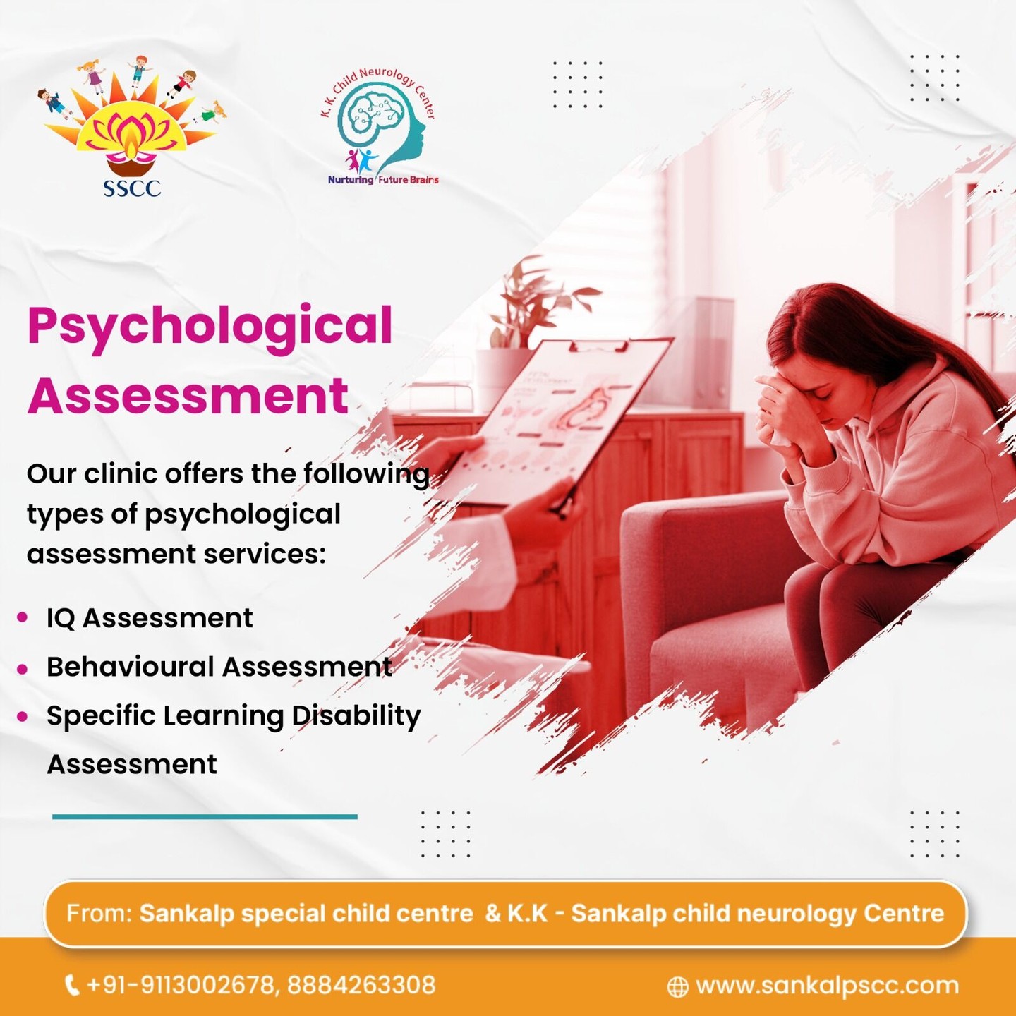 Struggling with learning, behavior, or emotional concerns? 🧠💬 At Sankalp Special Child Centre & K.K. Child Neurology Centre, we offer expert psychological assessments to better understand and support your child’s needs. Our services include IQ testing, behavioral evaluations, and specific learning disability assessments ✅. Early diagnosis leads to better outcomes, and we’re here to guide you every step of the way with compassion and care 🌈💖.
📞 +91-9113002678, 8884263308
🌐 www.sankalpscc.com
#PsychologicalAssessment #ChildCare #MentalHealthMatters #SpecialNeedsSupport #SankalpCentre #LearningSupport #ChildDevelopment #EarlyIntervention