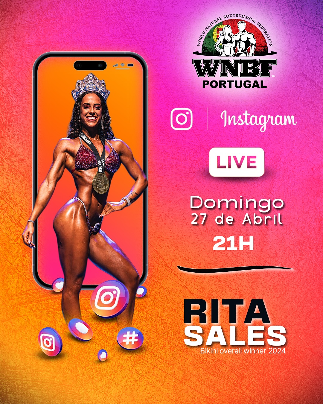 Este domingo vamos dar início a uma serie de lives com os atletas vencedores da última edição da WNBF Portugal🇵🇹, mas depois também com outros atletas e figuras influentes dentro da WNBF e culturismo natural.
Para começar em grande, a nossa primeira convidade é a RITA SALES, vencedora do overall e PRO CARD em Bikini.
🎙️Domingo dia 27 de Abril as 21h 🇵🇹