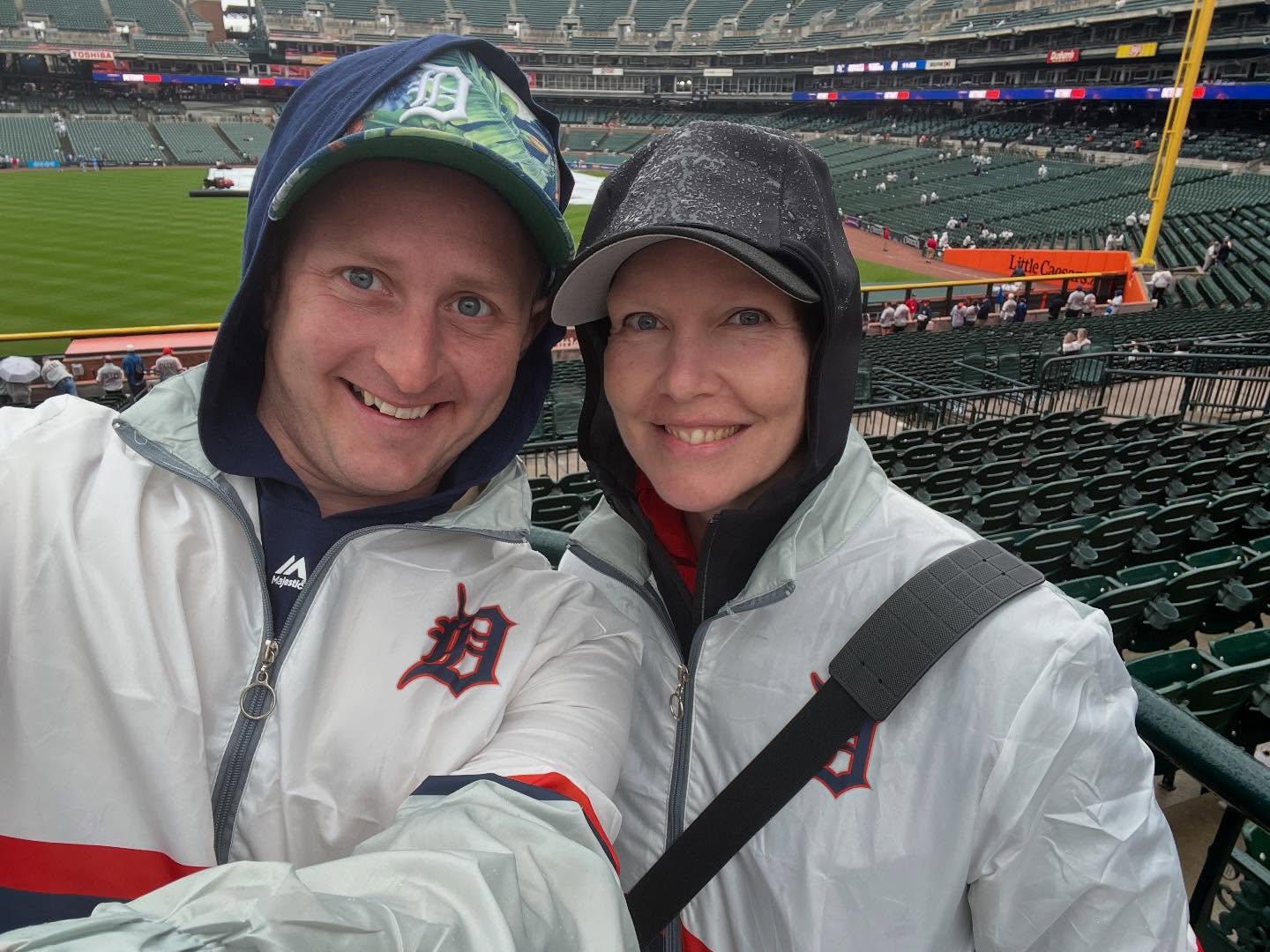 Couple of dorks that waited in line to get the free swag! Hopefully the weather holds, and we can watch the Tigers win! #detroittiger
