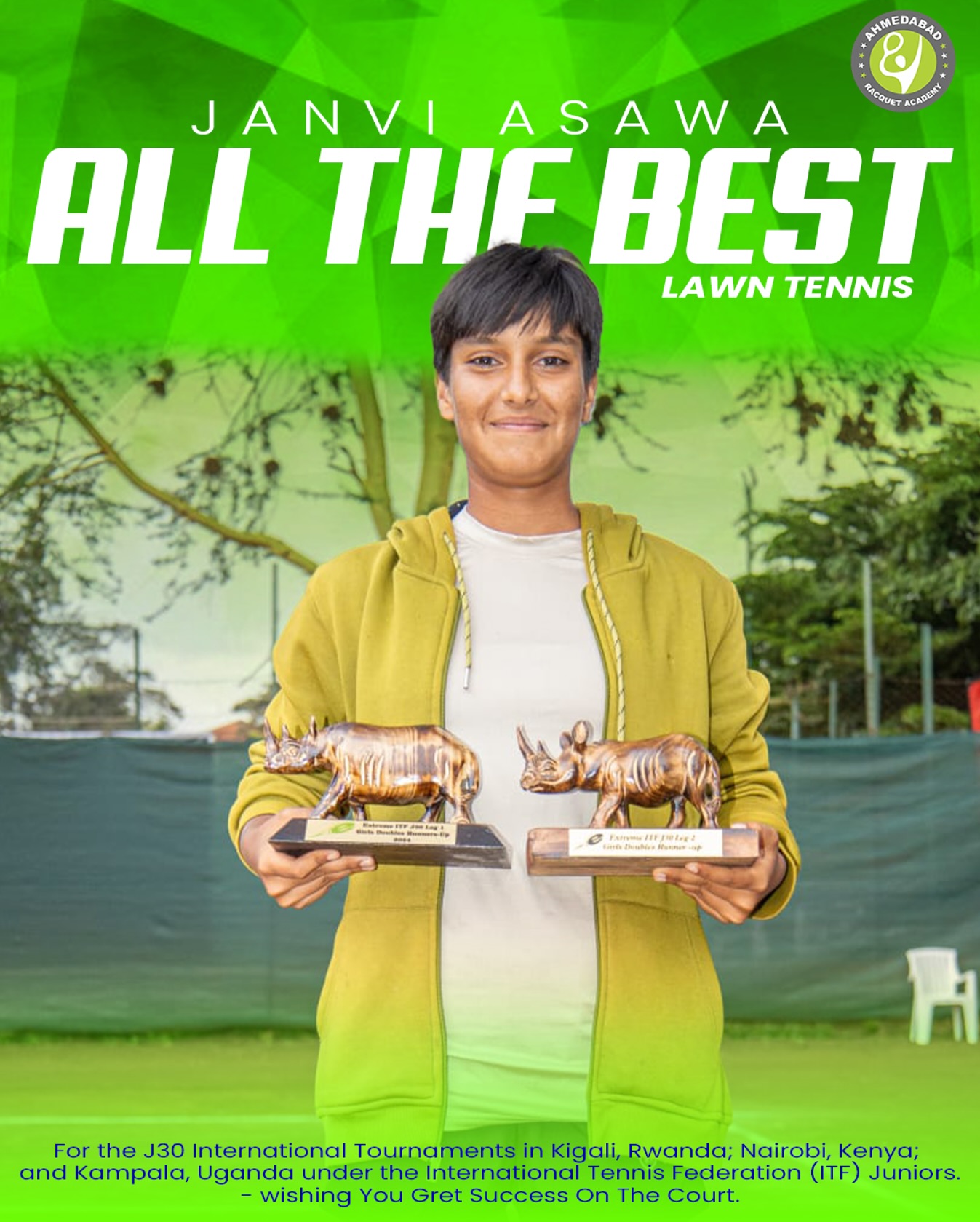 Wishing Janvi Asawa all the very best as she represents in the J30 International Tournaments across Rwanda, Kenya, and Uganda! 🇷🇼🇰🇪🇺🇬
Your dedication continues to inspire, and we’re cheering you on for every serve, every rally, and every victory.
Go shine on the court, Champ! 💚🎾
#ARA #AhmedabadRacquetAcademy #JanviAsawa #ITFJuniors #TennisJourney #RisingStar #J30Tournaments