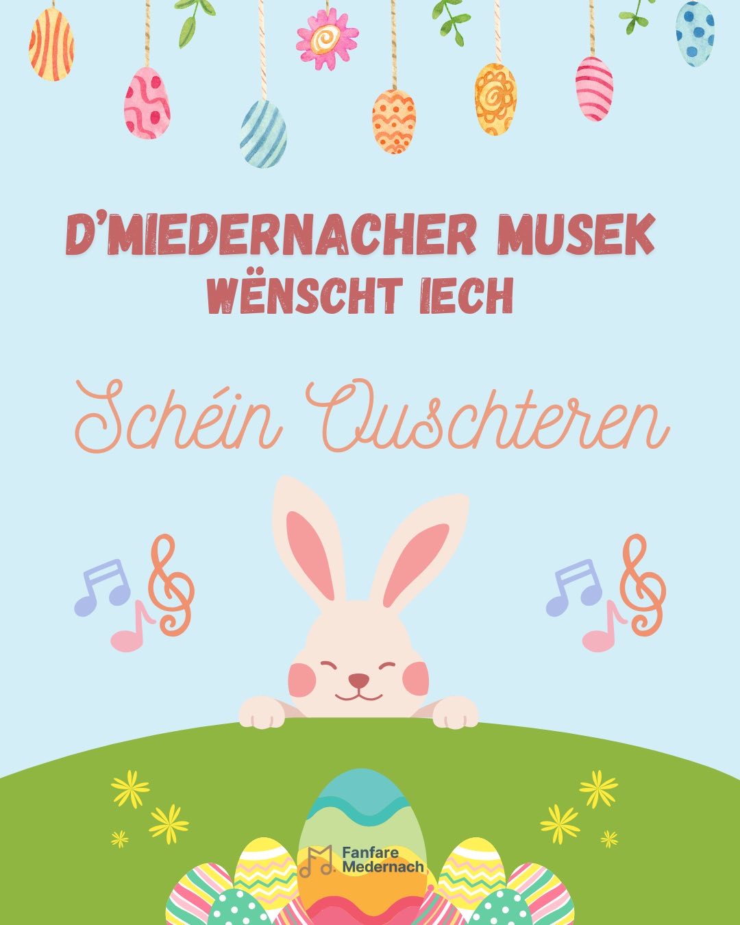 D’Fanfare Medernach wënscht Iech all schéin Ouschterdeeg an eng flott Zäit bei dësem schéine Wieder! 🌞
🔔
De 26. Abrëll ass et dann esou wäit. Eise Gala-Concert “Disney” steet un, a mir freeën eis, Iech den Owend begréissen ze kennen. 🎶✨