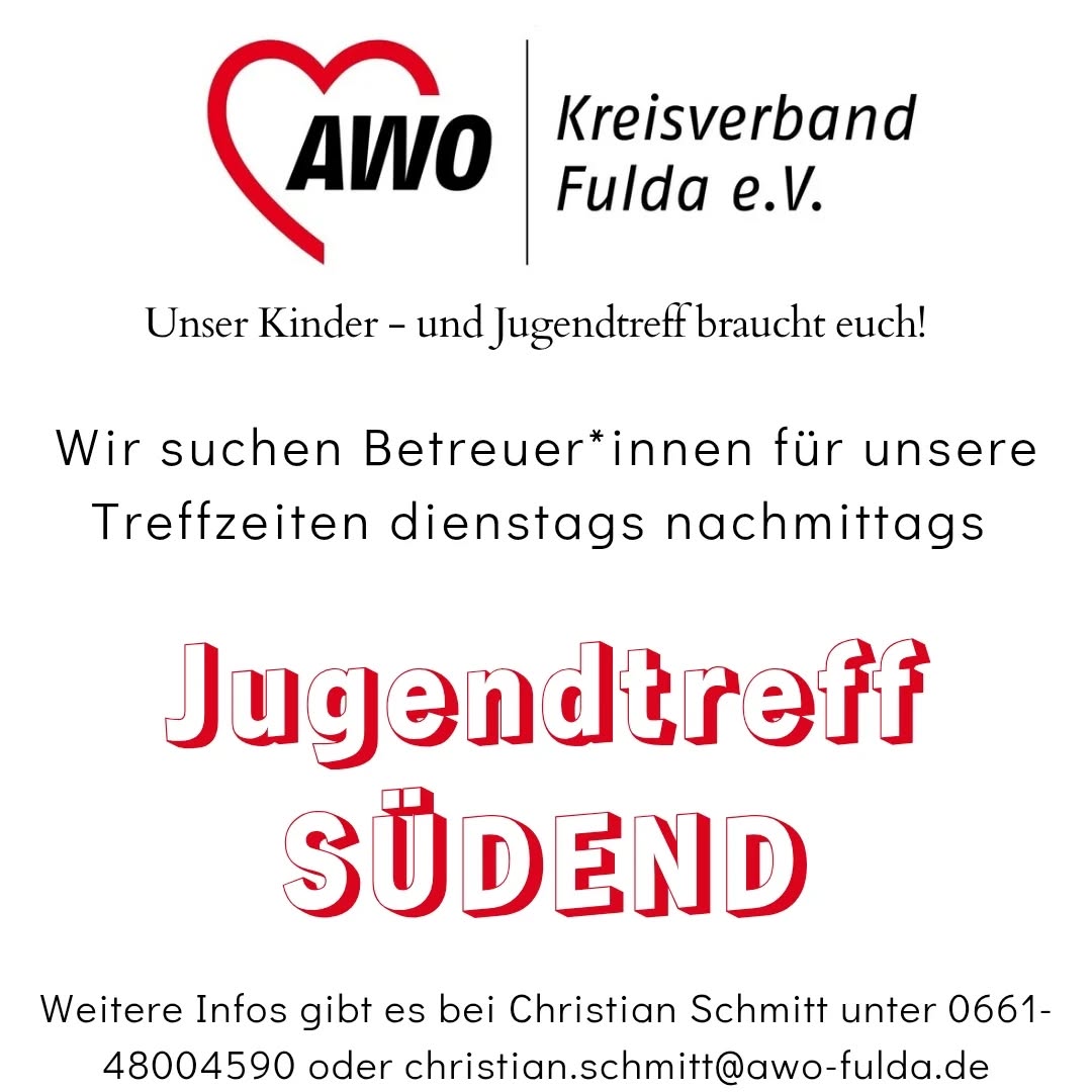 Wir suchen Unterstützung für unseren Jugendtreff im Südend.
Meldet euch gerne bei Christian Schmitt für allen weiteren Infos!