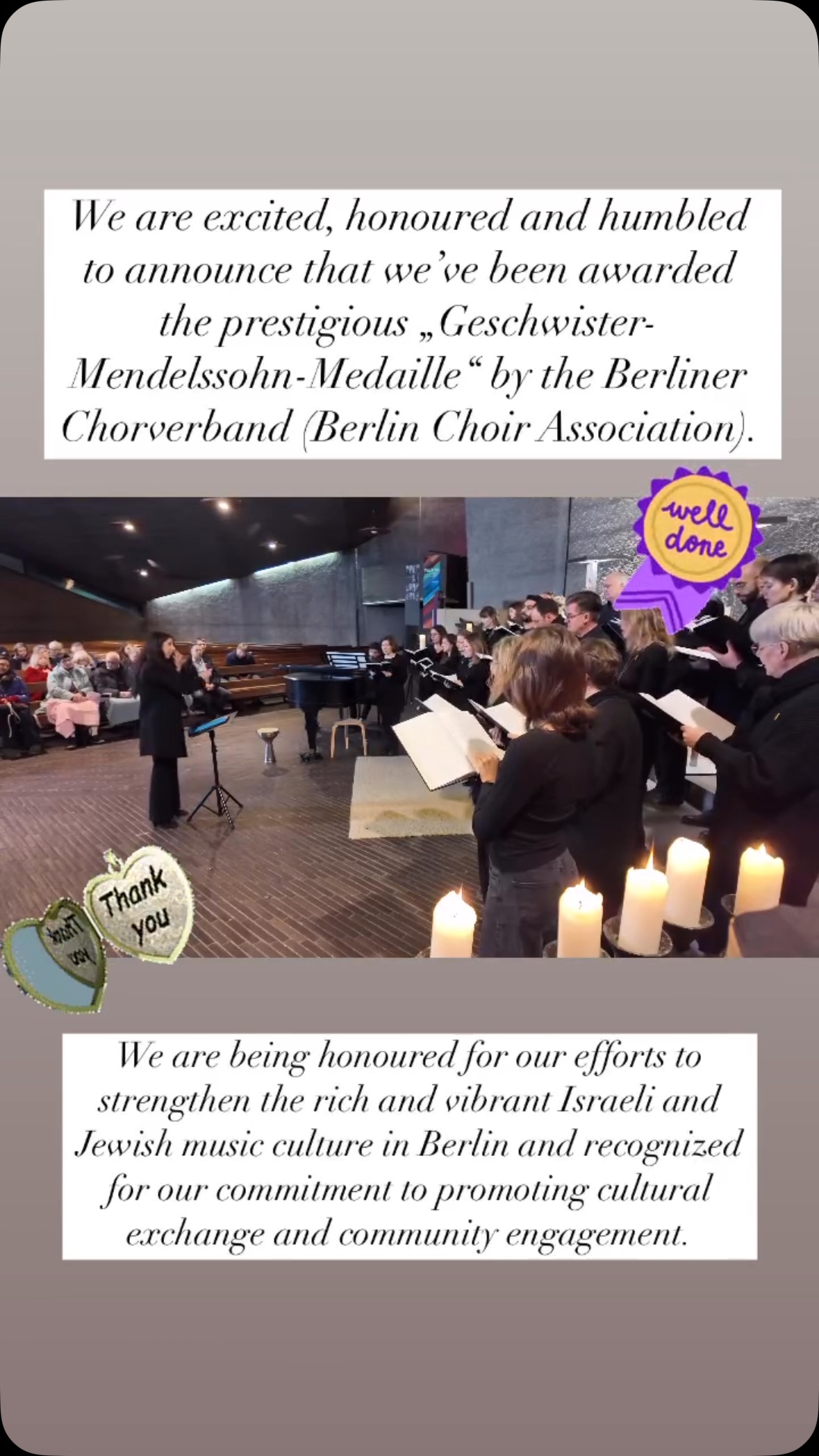 #ChoirLife #SingingTogether #ChoralMusic
#ChoirLove #MusicIsLife #ChoirGoals #SingingFamily #Berlin #chorverbandberlin #honor #medal #geschwistermendelssohnmedaille #thankyou