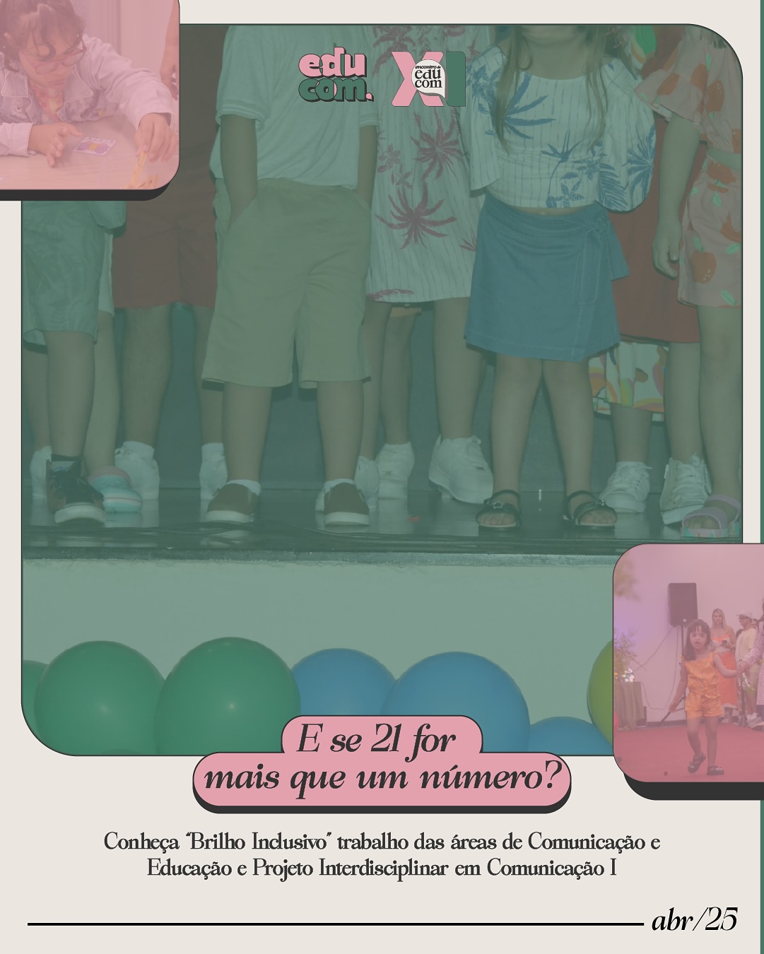 Na parte 6 dos dos posts dos trabalhos Educomunicativos e de PIC I, apresentamos a produção de conteúdo e o documentário realizados por Alisson Araújo, Ana Clara Angelis, Clara Aiko, Maria Júlia Souto, Patrick Maia e Sofia Mendes.
Refletindo sobre a “Associação 21 Inclusão Down”, projeto em Uberlândia (MG) voltado a um espaço de conscientização para jovens com Síndrome de Down e suas respectivas famílias, o documentário (“Brilho Inclusivo: 21 mais que um número”) e o conteúdo para Instagram abordaram a Associação de forma sensibilizada e inspiradora.
Para saber mais, acesse o Instagram @21inclusaodown para assistir e compartilhar o produto final.
#educomufu #sósefazjunto #inclusão
