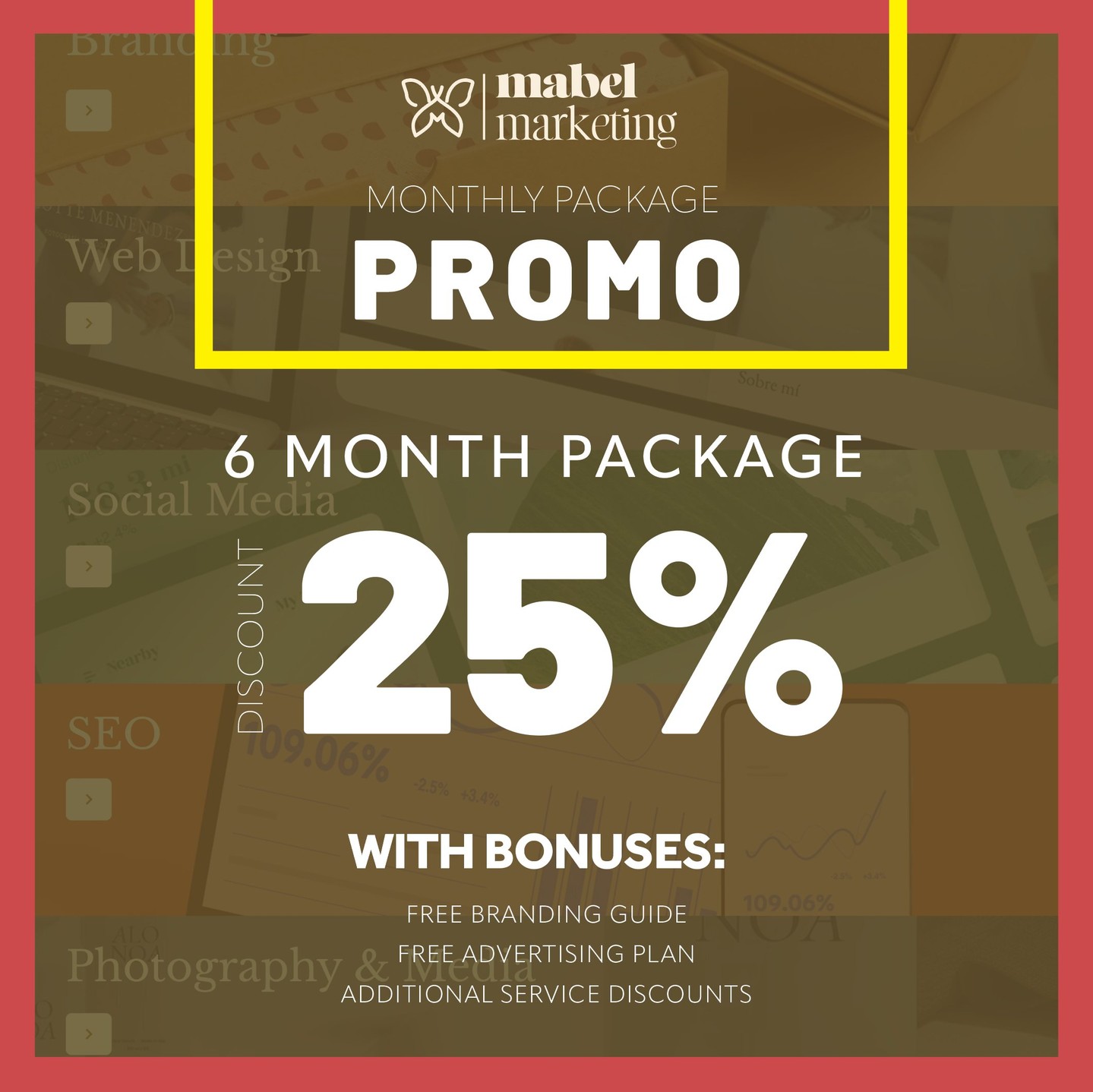 Social media engagement and content falling flat? 👀 🤔
For a limited time, get 25% OFF* our premium 6-month social media marketing and design package and elevate your online presence! We'll help you tackle trends, strategy, content, and more to boost visibility and increase engagement. Receive additional bonus content for ultimate success. 🎯
Take action now and visit our website to schedule a free consultation and get started today! 👉 https://www.mabelmarketinganddesign.com/contact-mabel-marketing-inc-marketing-services
#socialmediamarketing #businessgrowth #targetmarketing #limitedoffer #digitalstrategy
*Limitations and application may vary. Contact agency for more details.