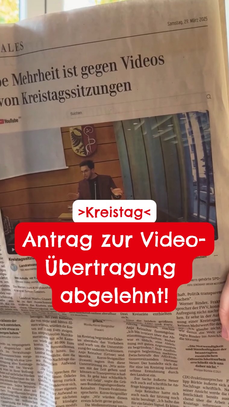 Neues aus dem Kreistag 🗞️
Vor bald einem Jahr waren Kommunalwahlen, dabei wurde auch der Kreistag neu gewählt 🗳️
„Was macht der eigentlich?!“ hörte man sehr oft im Wahlkampf 🤔 Das haben wir zum Anlass genommen, um einen Antrag zu stellen. Unser Fraktionsvorsitzender im Kreistag erklärts dir im Video 🤓
Leider wurde der Antrag mehrheitlich (21 zu 30) abgelehnt👎🏼
Schade übrigens, dass man die Gegenargumente aus der Zeitung lesen musste 😉
#LandkreisBiberach #Biberach #Laupheim #Riedlingen #Ochsenhausen #Illertal #Federsee #BadSchussenried #BadBuchau #SPD #SPDBW #Kreistag #KreistagBiberach