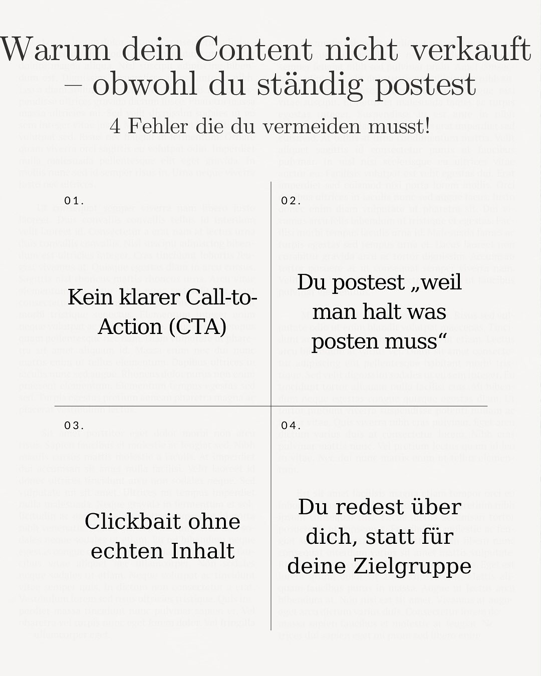 Warum dein Content nicht verkauft â obwohl du stĂ€ndig postest.
Und was du stattdessen besser machen kannst đ
âŁ
đ 1. Kein klarer CTA = kein Ergebnis
Dein Content kann noch so gut sein â wenn du nicht sagst, was deine Follower als NĂ€chstes tun sollen, passiert... nichts.
Sag ihnen ganz konkret, was sie tun sollen: Speichern, kommentieren, klicken, buchen. Sonst verschenkst du Reichweite UND Wirkung.
âŁ
đ
2. Du postest, weil man halt posten muss
Ohne Ziel kein Effekt.
Wenn du Content âeinfach soâ veröffentlichst, fehlt die Strategie.
Was willst du wirklich erreichen? Sichtbarkeit? Vertrauen? VerkÀufe?
Mach dir das vor jedem Post bewusst â und gestalte ihn danach.
âŁ
đš 3. Clickbait ohne echten Inhalt
Klar, ein krasser Hook bringt Aufmerksamkeit â aber enttĂ€uschter Inhalt killt dein Vertrauen.
Deine Community merkt, wenn du ĂŒbertreibst oder nichts lieferst.
Besser: Catchy UND inhaltlich stark. Versprochen = gehalten.
âŁ
đ
ââïž 4. Du redest ĂŒber dich â statt fĂŒr deine Zielgruppe
âWir bietenâŠâ, âIch binâŠâ, âMein ProduktâŠâ â das interessiert erstmal niemanden.
Deine Follower fragen sich: âWas hab ich davon?â
Sprich ihre Sprache. Zeig ihnen, wie du ihre Probleme löst oder ihre WĂŒnsche erfĂŒllst.
âŁ
đ„ Diese 4 Fehler sind der Grund, warum deine Inhalte nicht verkaufen, nicht geteilt werden und nicht performen.
Aber das muss nicht so bleiben.
âŁ
âš Ich helfe dir, Content zu erstellen, der:
â verkauft
â Vertrauen aufbaut
â Reichweite bringt
â dich als Expert:in positioniert
âŁ
đ© Schreib mir einfach âLetâs goâ in die DMs â und wir heben deinen Content gemeinsam auf das nĂ€chste Level.
âŁ
đ Speichern nicht vergessen â diese Fehler willst du garantiert nicht wiederholen.
đ Oder schick den Post einer Person, die auch âeinfach nur postetâ đ
#freelancing #socialmediamanagement #socialmediamarketingtips #seostrategie #finallyfreelancing