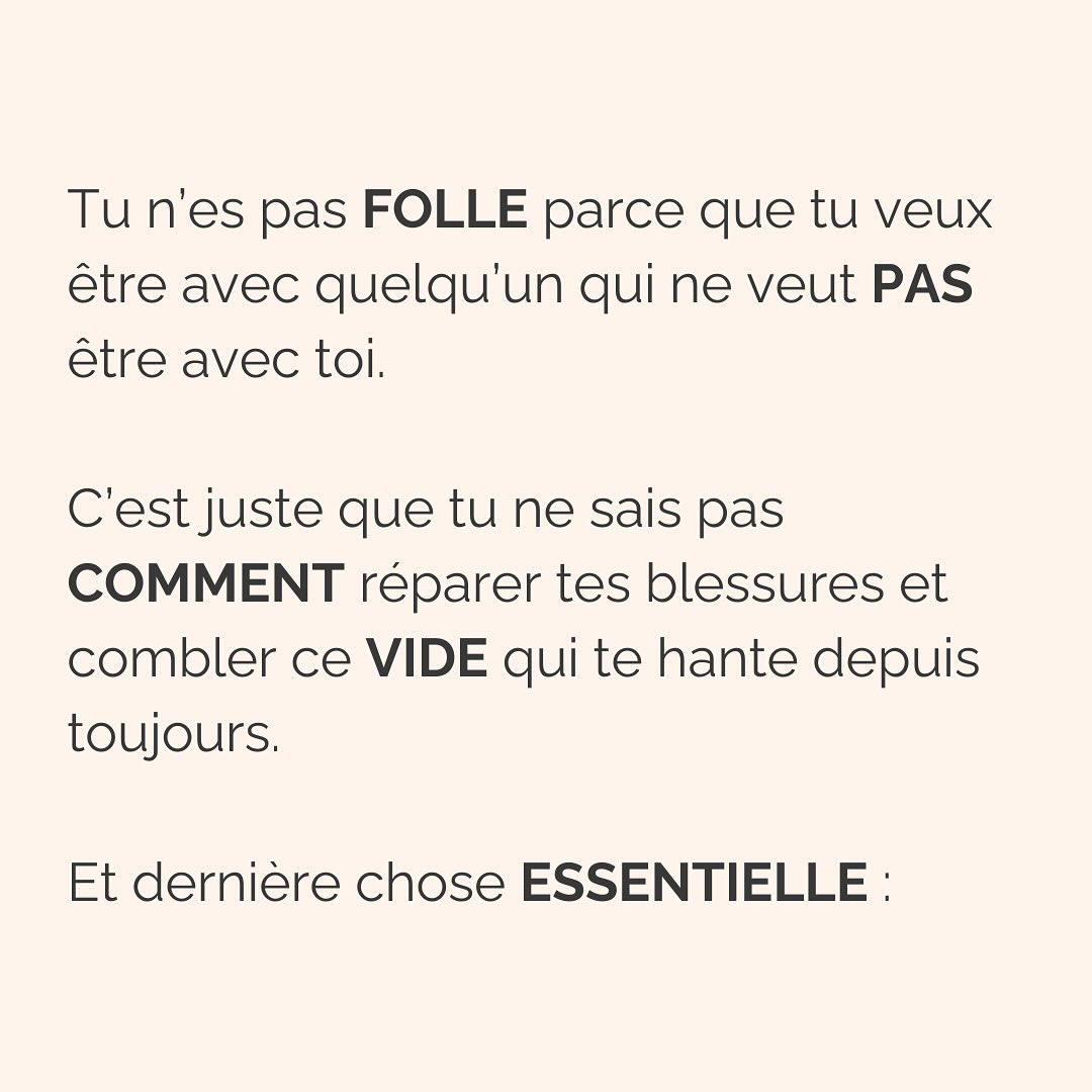 Ce travail d’amour de toi, d’acceptation de tes émotions, ne s’arrêtent pas une fois que tu as réussi à partir.
Parce qu’après peuvent venir les regrets, les doutes, le manque.
Et tout ça aussi fait partie du processus.
Plus on passe de temps dans une relation qui nous détruit, plus on se demande si on a fait le bon choix, une fois partie.
Cette réponse-là, du bon choix ou pas, tu la connais déjà. Aucune thérapie ou coaching ne peut t’offrir ça. Parce que tu as déjà toutes les ressources en toi, et que tu sais mieux que personne ce qui est bon pour toi.
La thérapie n’intervient que pour te guider vers un chemin que tu n’arrives pas à emprunter seule. Parce que c’est trop dur, parce que ça fait peur. Et même, parfois, parce que ça fait mal.
Mais savoir si tu as fait ou non le bon choix de quitter une relation qui te faisait du mal, rien ni personne ne pourra jamais le décider à ta place.
———————————————————————————
Je suis Emilie, thérapeute & coach diplômée spécialisée dans la dépendance affective.
J’aide les femmes qui souffrent de schémas toxiques répétitifs à aimer sereinement et librement, sans plus jamais s’oublier.
Je les accompagne pour qu’elles puissent passer de la théorie à la pratique. Avoir des prises de conscience c’est bien, voir des changements concrets dans sa vie, c’est mieux.
Passons 30 min ensemble pour apprendre à nous connaître ! Rdv dans mon lien en bio pour accéder à mon agenda ou sur mon site : Emilie-leduc.com
#dependanceaffective #manipulation#relationtoxique#addiction#dependance#peurs#blessuredabandon#rupture#couple#hypersensibilité #emotions #gestionemotions #hypersensibles #abandon #perversnarcissique #depression #blessuredelame #selflove #amourdesoi #tinder#date#rencontre #angoisse#solitude #lovecoach #pn #devperso #amourdesoi