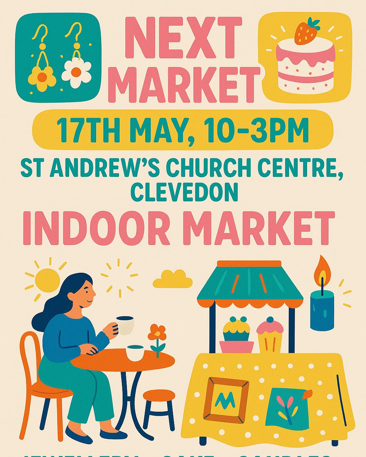 Join us on 17th May 10-3 for our next market. Browse some talented small businesses. Sit outside and enjoy the sunshine (hopefully) with a cup of coffee and some cake!
#Market #Clevedon #BristolMarket #SmallBusinessFair