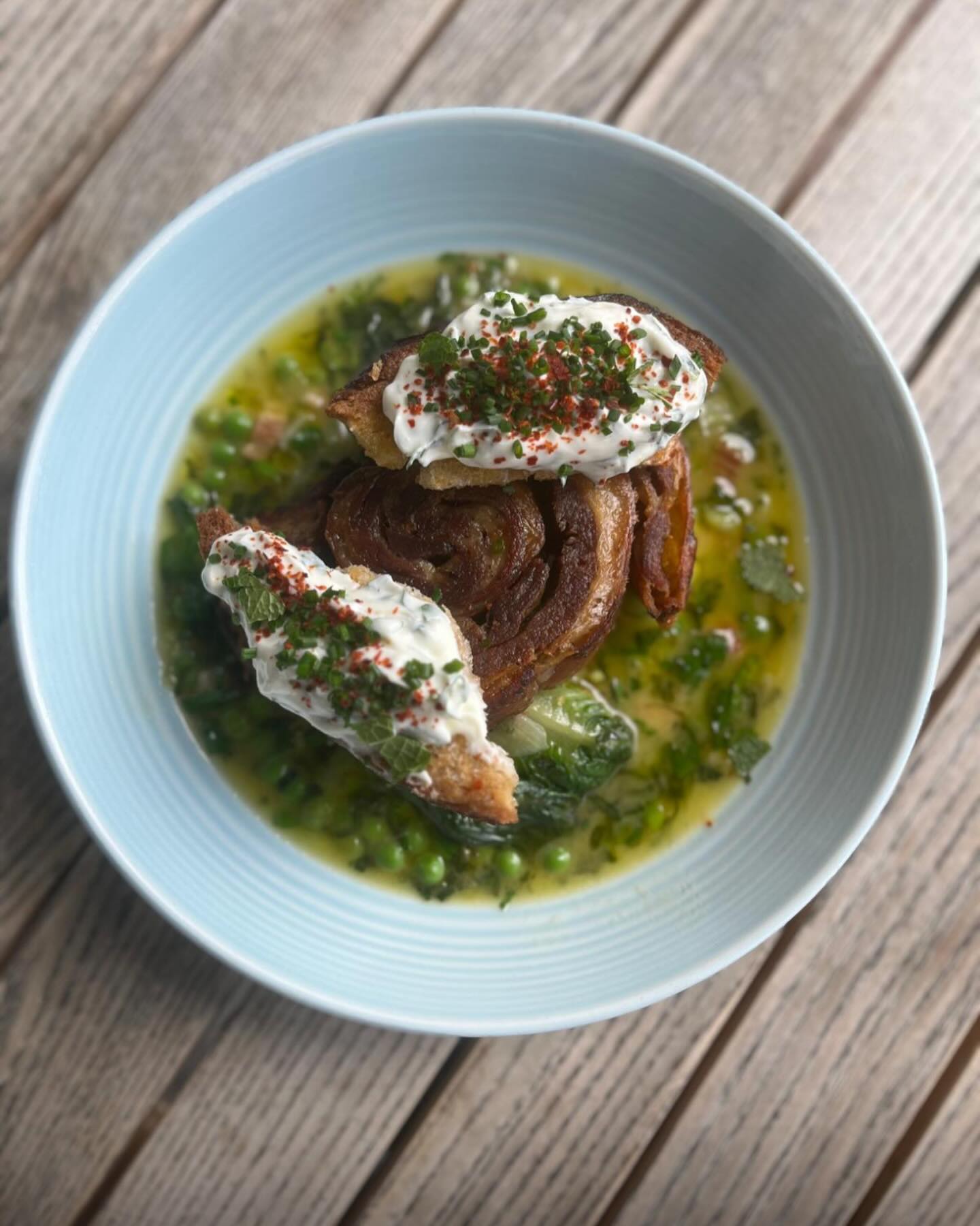 Lamb belly, peas a la francaise, malt vinegar fromage frais. On for lunch.