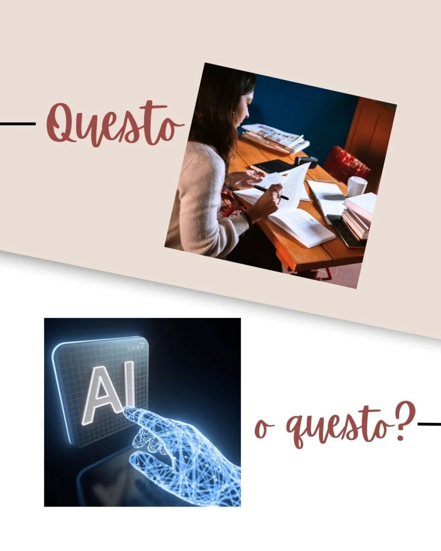 ✋🛑𝗣𝗢𝗦𝗧 𝗣𝗥𝗢𝗩𝗢𝗖𝗔𝗧𝗢𝗥𝗜𝗢 🛑✋
“𝐀𝐈 𝐨 𝐒𝐭𝐨𝐫𝐲𝐭𝐞𝐥𝐥𝐞𝐫? 𝐀𝐥𝐥𝐚 𝐝𝐨𝐦𝐚𝐧𝐝𝐚 𝐝𝐞𝐥 𝐟𝐮𝐭𝐮𝐫𝐨, 𝐫𝐢𝐬𝐩𝐨𝐧𝐝𝐞 𝐝𝐢𝐫𝐞𝐭𝐭𝐚𝐦𝐞𝐧𝐭𝐞 𝐥𝐞𝐢; 𝐂𝐡𝐚𝐭 𝐆𝐩𝐭.
Intanto una buona notizia: “𝒊𝒍 𝒕𝒖𝒐 𝒍𝒂𝒗𝒐𝒓𝒐 𝒅𝒊 𝒔𝒕𝒐𝒓𝒚𝒕𝒆𝒍𝒍𝒆𝒓 (𝒆 𝒈𝒊𝒐𝒓𝒏𝒂𝒍𝒊𝒔𝒕𝒂) 𝒓𝒊𝒎𝒂𝒏𝒆 𝒊𝒏𝒔𝒐𝒔𝒕𝒊𝒕𝒖𝒊𝒃𝒊𝒍𝒆”.
E sai perché?
𝐏𝐞𝐫𝐜𝐡𝐞́ 𝐜’𝐞̀ 𝐝𝐢𝐟𝐟𝐞𝐫𝐞𝐧𝐳𝐚 𝐭𝐫𝐚 𝐬𝐜𝐫𝐢𝐯𝐞𝐫𝐞 𝐞 𝐫𝐚𝐜𝐜𝐨𝐧𝐭𝐚𝐫𝐞.
𝐓𝐫𝐚 𝐮𝐧 𝐭𝐞𝐬𝐭𝐨 𝐠𝐞𝐧𝐞𝐫𝐚𝐭𝐨 𝐞 𝐮𝐧𝐚 𝐬𝐭𝐨𝐫𝐢𝐚 𝐯𝐢𝐬𝐬𝐮𝐭𝐚.
𝐓𝐫𝐚 𝐮𝐧 𝐩𝐫𝐨𝐦𝐩𝐭 𝐞 𝐮𝐧𝐨 𝐬𝐠𝐮𝐚𝐫𝐝𝐨 𝐞𝐦𝐨𝐳𝐢𝐨𝐧𝐚𝐭𝐨.
Quando arriva il momento di pronunciare le promesse, o di dar voce a un amore, ogni parola dovrebbe somigliarci.
𝐏𝐮𝐨̀ 𝐥’𝐢𝐧𝐭𝐞𝐥𝐥𝐢𝐠𝐞𝐧𝐳𝐚 𝐚𝐫𝐭𝐢𝐟𝐢𝐜𝐢𝐚𝐥𝐞 𝐟𝐚𝐫𝐞 𝐭𝐮𝐭𝐭𝐨 𝐪𝐮𝐞𝐬𝐭𝐨?
"𝐼𝑜 𝑐𝑟𝑒𝑑𝑜 𝑐ℎ𝑒 𝑙’𝑎𝑚𝑜𝑟𝑒 (dice Chat Gpt) 𝑚𝑒𝑟𝑖𝑡𝑖 𝑞𝑢𝑎𝑙𝑐𝑜𝑠𝑎 𝑑𝑖 𝑝𝑖𝑢̀ 𝑢𝑚𝑎𝑛𝑜".
𝑳𝒆 𝒆𝒎𝒐𝒛𝒊𝒐𝒏𝒊 𝒏𝒐𝒏 𝒔𝒊 𝒑𝒓𝒐𝒈𝒓𝒂𝒎𝒎𝒂𝒏𝒐. 𝑺𝒊 𝒓𝒂𝒄𝒄𝒐𝒏𝒕𝒂𝒏𝒐.
𝑶𝒈𝒏𝒊 𝒔𝒕𝒐𝒓𝒊𝒂 𝒎𝒆𝒓𝒊𝒕𝒂 𝒑𝒂𝒓𝒐𝒍𝒆 𝒖𝒏𝒊𝒄𝒉𝒆. 𝑵𝒐𝒏 𝒖𝒏 𝒄𝒐𝒑𝒊𝒂-𝒊𝒏𝒄𝒐𝒍𝒍𝒂 𝒑𝒆𝒓𝒇𝒆𝒕𝒕𝒐.
L’AI conosce le parole. Io conosco le emozioni.
L’AI crea testi. Io racconto storie vere.
L’intelligenza artificiale sa scrivere. Ma conosce il nostro cuore?
L’amore ha bisogno di ascolto. Non di un generatore automatico. E per scrivere non basta la grammatica. Serve empatia.
“𝑳𝒆 𝒑𝒓𝒐𝒎𝒆𝒔𝒔𝒆 𝒏𝒐𝒏 𝒔𝒊 𝒈𝒆𝒏𝒆𝒓𝒂𝒏𝒐. 𝑺𝒊 𝒔𝒆𝒏𝒕𝒐𝒏𝒐. 𝑺𝒊 𝒔𝒄𝒓𝒊𝒗𝒐𝒏𝒐. 𝑺𝒊 𝒗𝒊𝒗𝒐𝒏𝒐.”
Chiedere all’Ai di scrivere per te o affidarti a chi sa ascoltare davvero?
⬇️ DIMMI LA TUA! ⬇️