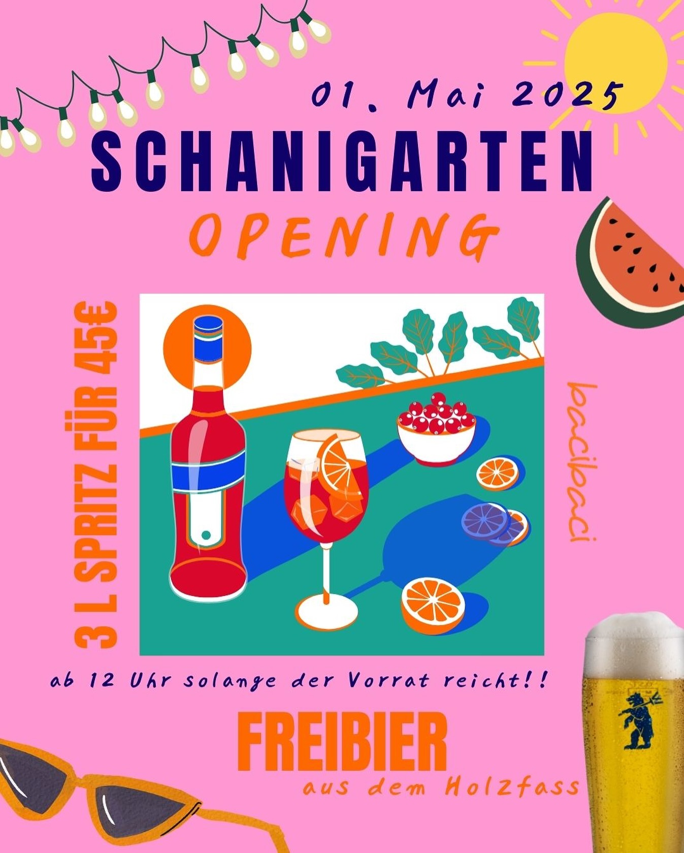 Wir wollen mit euch am 1. Mai unseren Schanigarten einweihen, dafür lassen wir ein Holzfass #freibier von @wildbraeu springen 🍻
Anstich: 12 Uhr - solange der Vorrat reicht!
Für die Spritz-Trinker gibt es 3L Spritz nach Wahl für nur 45€ 🍹🍊🍑🍋
Wir freuen uns auf euch!!!
bacibaci