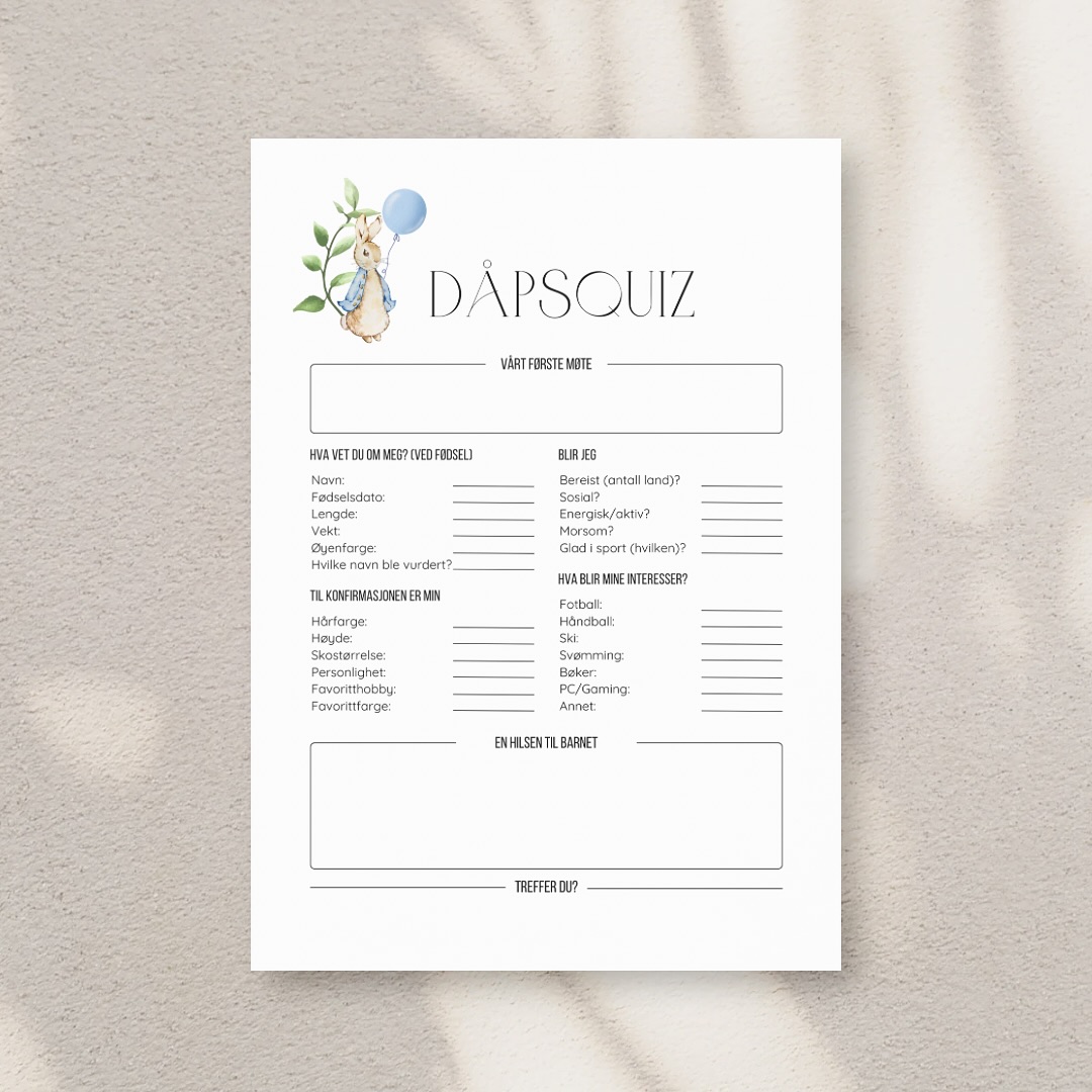 Dåpsquiz - Et quizark/spådomsark om barnet. Her får du spørsmål fra fødsel og fremover, som er perfekt om du vil ha et gøyalt avbrekk i dåpsfesten/navnefesten🌷
Kun 99kr (nå 49kr med koden Påske)
Gjerne del med noen du tror ville likt dette💛
#spådomsark #dåp#navnefest #dåpsark