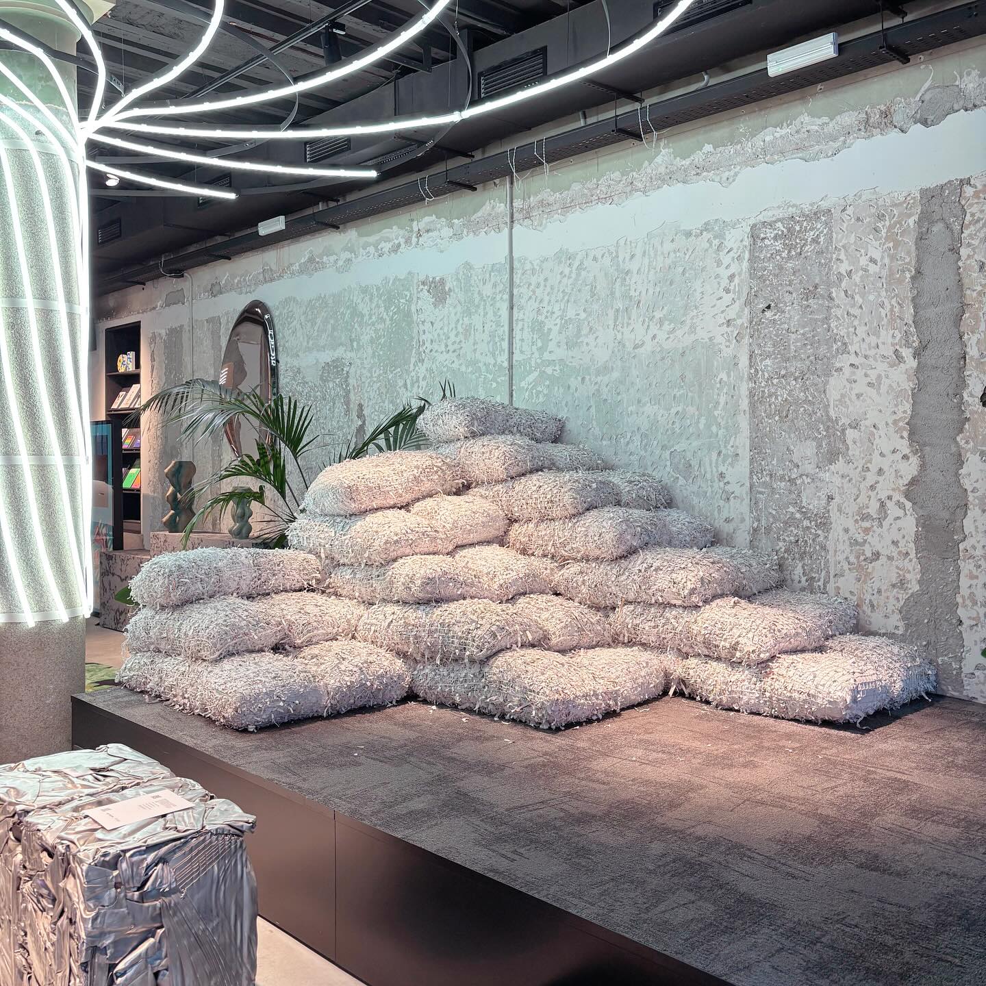 From our exhibition during @milan.design.week SOFT LAND, an interactive seating art installation, from @ex.figura @aede @xico_fs, made of processed paper waste, supplied by @dssmithgroup