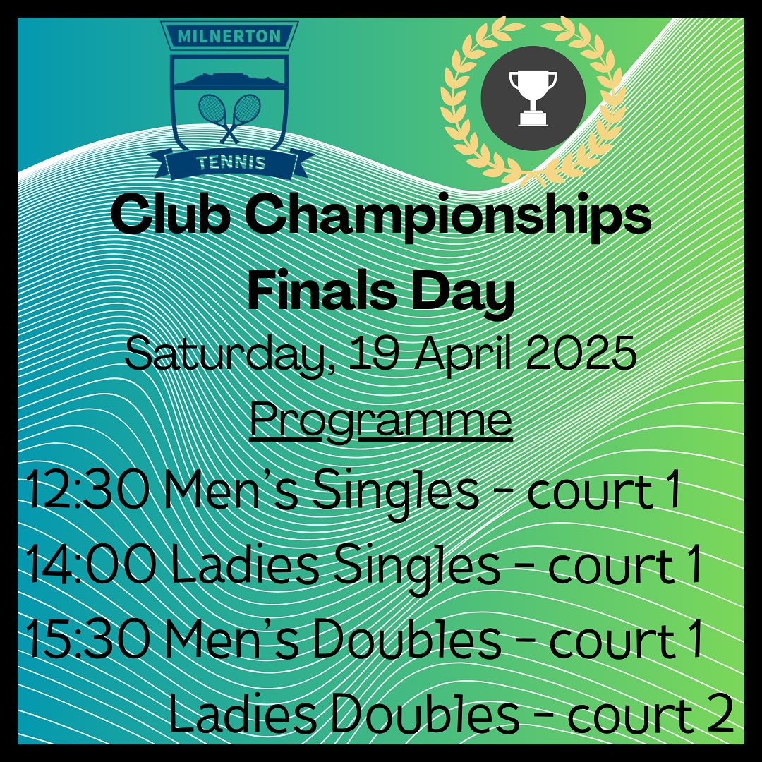 MTC Club Champs Finals Day. Come join us and watch our top players for the season bash it out on Saturday 19 April. We will have some pre finals men’s singles as well. Bring ‘n braai with prize giving.