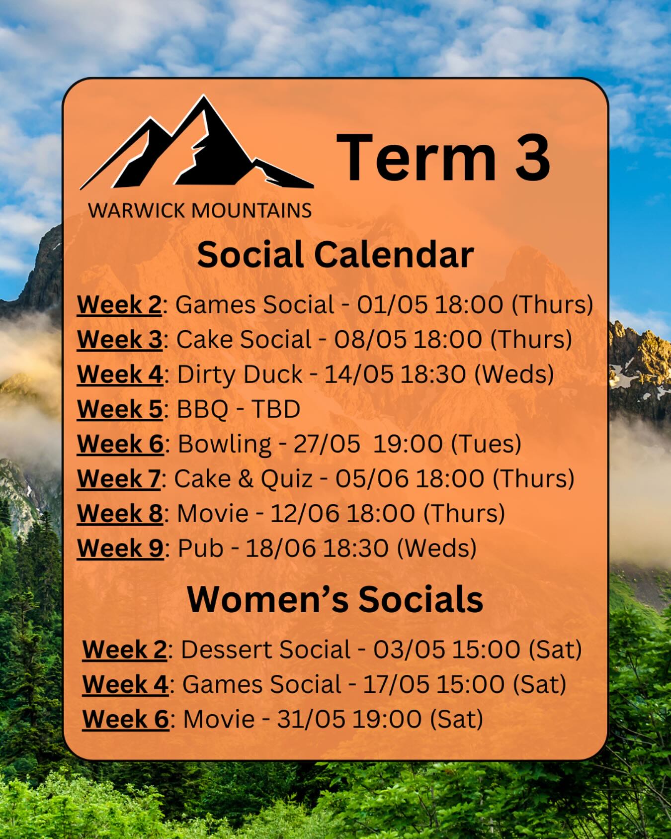 Hey Mountaineers!!
This is the social calendar for Term 3!
There’s a lot planned, and we hope to see all of you there!! Let’s make the most of the last term of the academic year!!