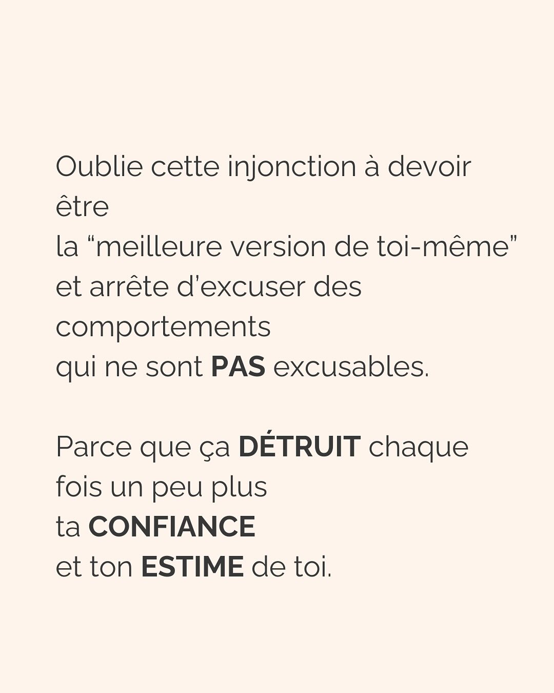 On excuse par peur, on pardonne par amour.
Je m’explique.
Excuser est une manière de mettre un bon gros voile opaque sur des comportements qui nous font du mal, mais dont on a appris à s’accommoder parce que pour notre cerveau, être mal traité.s c’est déjà mieux que d’être seuls et ignorés.
C’est la raison pour laquelle excuser alimente notre anxiété. Parce que notre besoin d’attachement sécure n’est pas comblé, mais que nous pouvons en donner l’illusion à notre cerveau quand nous essayons de maintenir le lien à l’autre (à travers la compréhension, l’empathie, l’écoute ET l’excuse). En somme, même si l’autre nous fait subir le pire, on a besoin de maintenir le lien à lui. L’excuser en est un.
Autrement dit, excuser est le résultat d’une réaction émotionnelle à un trauma.
Encore dit autrement, vous excusez pour vous protéger. C’est un mécanisme de défense normal donc pas la peine de vous mettre la rate au court-bouillon…
Pardonner, en revanche, c’est apaiser son coeur. C’est faire la paix avec ce qu’on a vécu.
C’est se délester de la colère légitime qu’on ressent après avoir été blessés.
C’est p**ain de difficile, mais jamais impossible. Et ça se traite hyper bien en thérapie ;)
Excuser vous maintient dans la relation toxique, pardonner vous en libère.
Parce qu’on excuse pour l’autre, et on pardonne pour soi.
————————————————————————
Je suis Emilie, thérapeute & coach diplômée spécialisée dans la dépendance affective.
J’aide les femmes qui souffrent de schémas toxiques répétitifs à aimer sereinement et librement, sans plus jamais s’oublier.
Tu cherches du contenu gratuit pour t’aider ? Rdv sur mon lien en bio pour y accéder.
Attention, il ne reste que quelques jours avant que le premier entretien avec moi devienne payant. Prends rdv maintenant (lien en bio).
#dependanceaffective #manipulation#relationtoxique#addiction#dependance#peurs#blessuredabandon#rupture#couple#hypersensibilité #emotions #gestionemotions #hypersensibles #abandon #perversnarcissique #depression #blessuredelame #selflove #amourdesoi #tinder#date#rencontre #angoisse#solitude #lovecoach #pn #devperso #amourdesoi