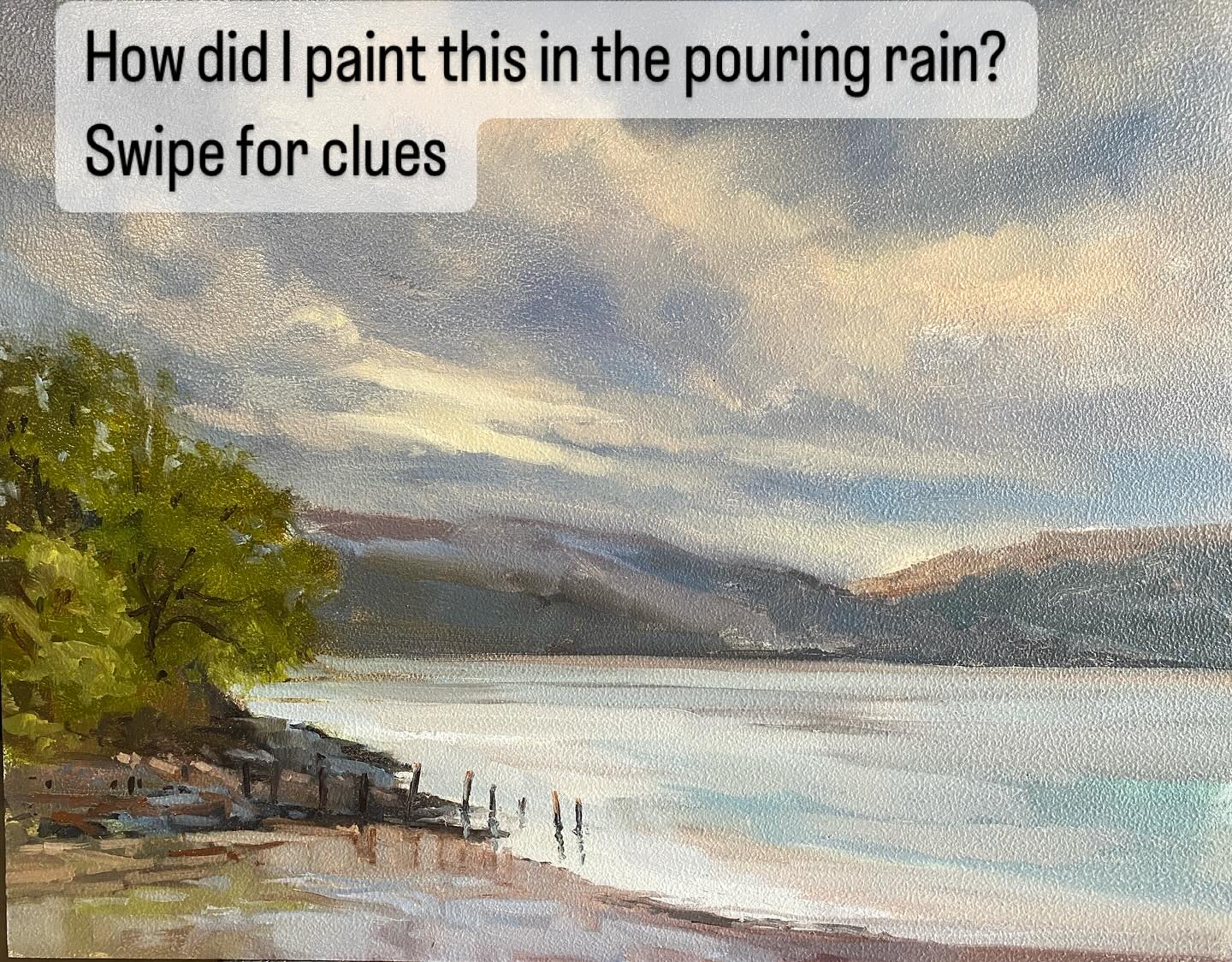 Pajnting in the rain with the Cader Idris Plein air trip organised by @chrishujames61 .
Question for plein air artists – how do you paint in the rain?. I, personally , am completely rainproof, I don’t mind getting cold or wet and have clothing to keep me comfortable and dry ( ish) It’s the ever elusive painting protection that I’m after. Despite working in oils, I do not seem to be able to paint when even a hint of mist reaches my painting. And there were people out there painting in watercolour yesterday who achieved great things. I stand in awe….
I got wet and cross with myself trying to work in town with the group, and then to took up a very kind offer from fellow artist @janeduffart and painted in her studio garage with a view of ( some of) the surrounding hills and mountains. A local view went a bit hazy so I finished one started earlier in the week at the Estuary below Arthog
#paintingintherain #arthog #outsidein #wetweathergear #daybreakeasel #waterresistance