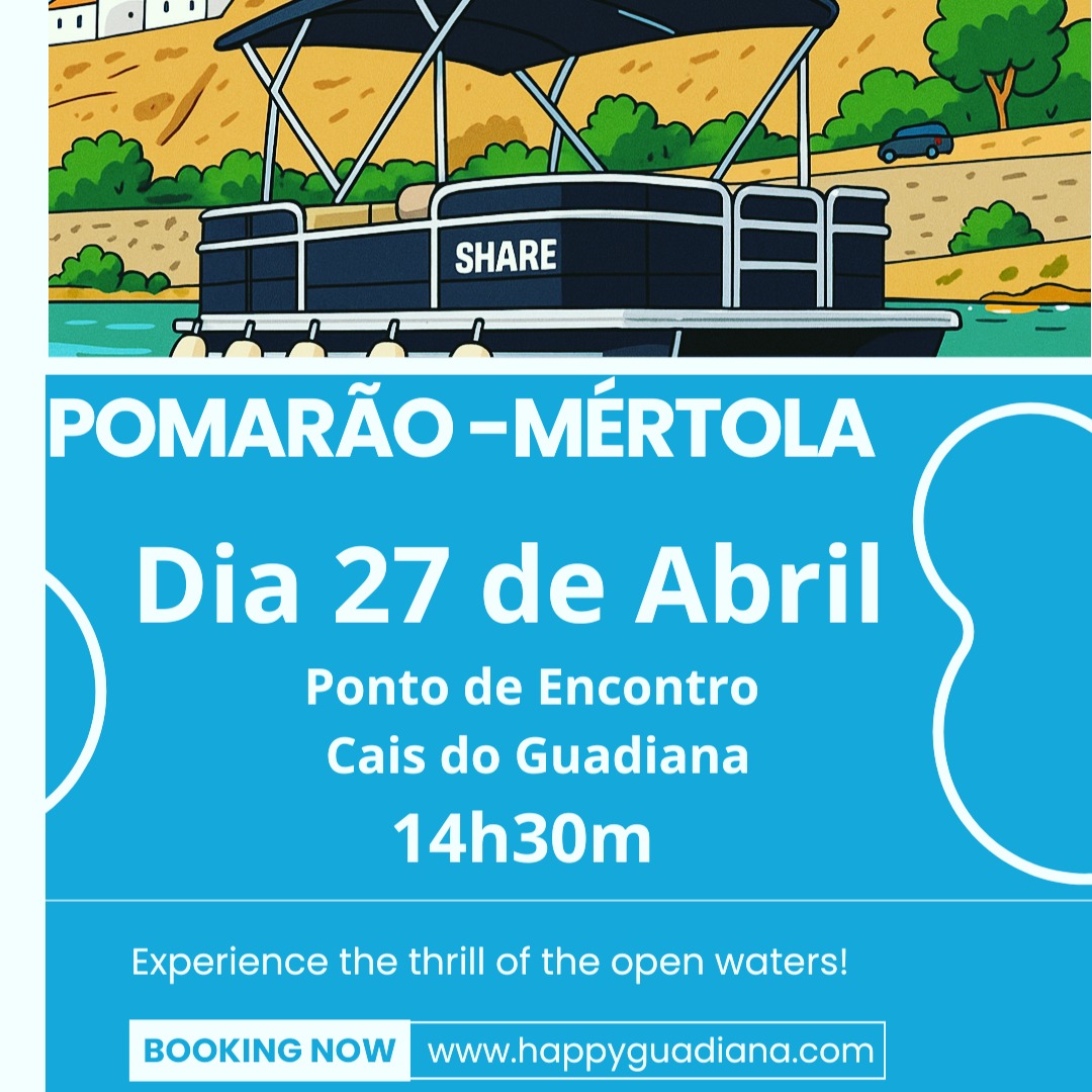 🚤 Passeio de Barco Pomarão → Mértola
📍 Início: 14h30 no Cais do Guadiana
🚗 Ida de carro até ao Pomarão
🌊 Subida do Rio Guadiana de barco até Mértola
🌿 Paisagens naturais incríveis
📸 Ideal para fotos, relaxar e descobrir o Alentejo de outra forma
🛶 Uma experiência única a não perder!
Reserve já: www.happyguadiana.com