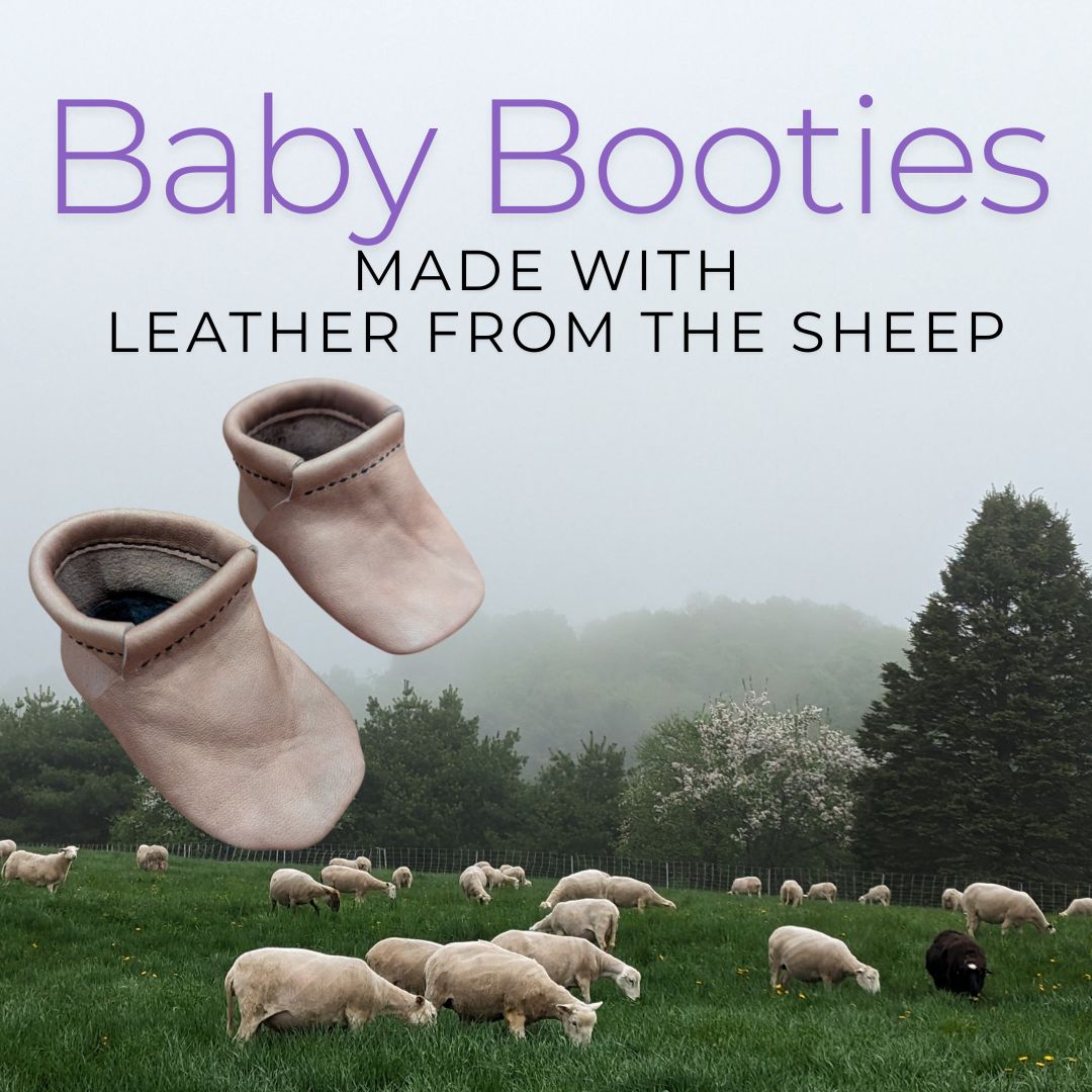 Baby booties are made in our home workshop with leather from our sheep. The leather is bark-tanned using non-toxic methods at small, USA-based tanneries. Now Available on our website. Link in our profile.
#nontoxicbabyproduct,#vtmade#farmmade #babybooties
