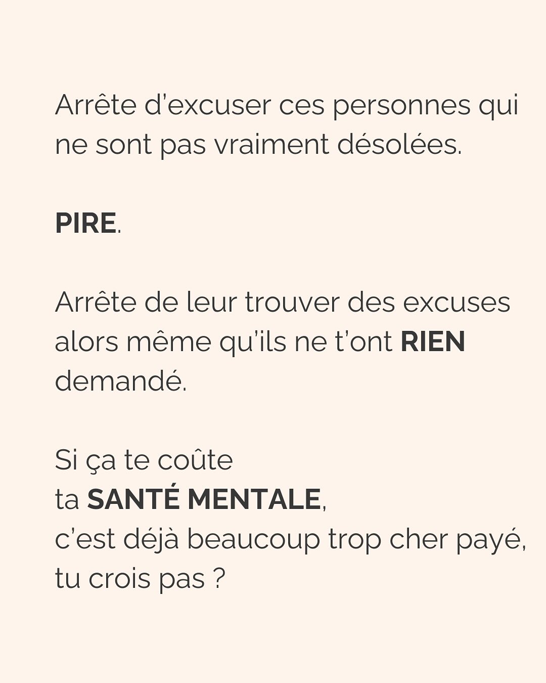 On excuse par peur, on pardonne par amour.
Je m’explique.
Excuser est une manière de mettre un bon gros voile opaque sur des comportements qui nous font du mal, mais dont on a appris à s’accommoder parce que pour notre cerveau, être mal traité.s c’est déjà mieux que d’être seuls et ignorés.
C’est la raison pour laquelle excuser alimente notre anxiété. Parce que notre besoin d’attachement sécure n’est pas comblé, mais que nous pouvons en donner l’illusion à notre cerveau quand nous essayons de maintenir le lien à l’autre (à travers la compréhension, l’empathie, l’écoute ET l’excuse). En somme, même si l’autre nous fait subir le pire, on a besoin de maintenir le lien à lui. L’excuser en est un.
Autrement dit, excuser est le résultat d’une réaction émotionnelle à un trauma.
Encore dit autrement, vous excusez pour vous protéger. C’est un mécanisme de défense normal donc pas la peine de vous mettre la rate au court-bouillon…
Pardonner, en revanche, c’est apaiser son coeur. C’est faire la paix avec ce qu’on a vécu.
C’est se délester de la colère légitime qu’on ressent après avoir été blessés.
C’est p**ain de difficile, mais jamais impossible. Et ça se traite hyper bien en thérapie ;)
Excuser vous maintient dans la relation toxique, pardonner vous en libère.
Parce qu’on excuse pour l’autre, et on pardonne pour soi.
————————————————————————
Je suis Emilie, thérapeute & coach diplômée spécialisée dans la dépendance affective.
J’aide les femmes qui souffrent de schémas toxiques répétitifs à aimer sereinement et librement, sans plus jamais s’oublier.
Tu cherches du contenu gratuit pour t’aider ? Rdv sur mon lien en bio pour y accéder.
Attention, il ne reste que quelques jours avant que le premier entretien avec moi devienne payant. Prends rdv maintenant (lien en bio).
#dependanceaffective #manipulation#relationtoxique#addiction#dependance#peurs#blessuredabandon#rupture#couple#hypersensibilité #emotions #gestionemotions #hypersensibles #abandon #perversnarcissique #depression #blessuredelame #selflove #amourdesoi #tinder#date#rencontre #angoisse#solitude #lovecoach #pn #devperso #amourdesoi