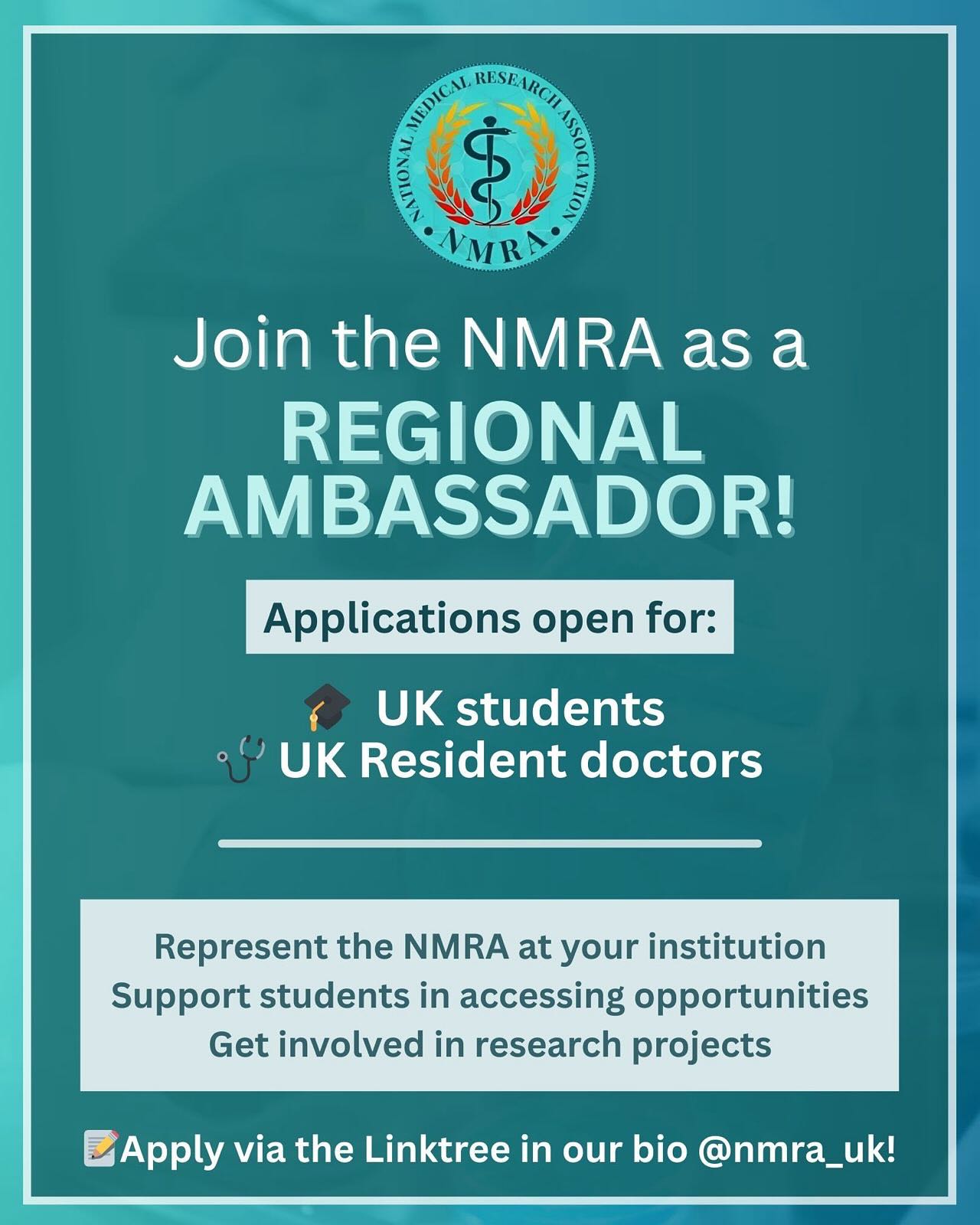 📢‼️ Join the NMRA as a Regional Ambassador!!!🚨🌟
📝Lead and join research projects
👩💼👨💼Represent NMRA at your institution and help grow a network of like-minded individuals
📊Connect students or other doctors at your institution to the NMRA and relevant research opportunities
🔗 Apply here: https://docs.google.com/forms/d/e/1FAIpQLSd09Dya4JR207_gbG2AEOsmWNcP3-10dRMr2VKZ1mK7d9s1lQ/viewform