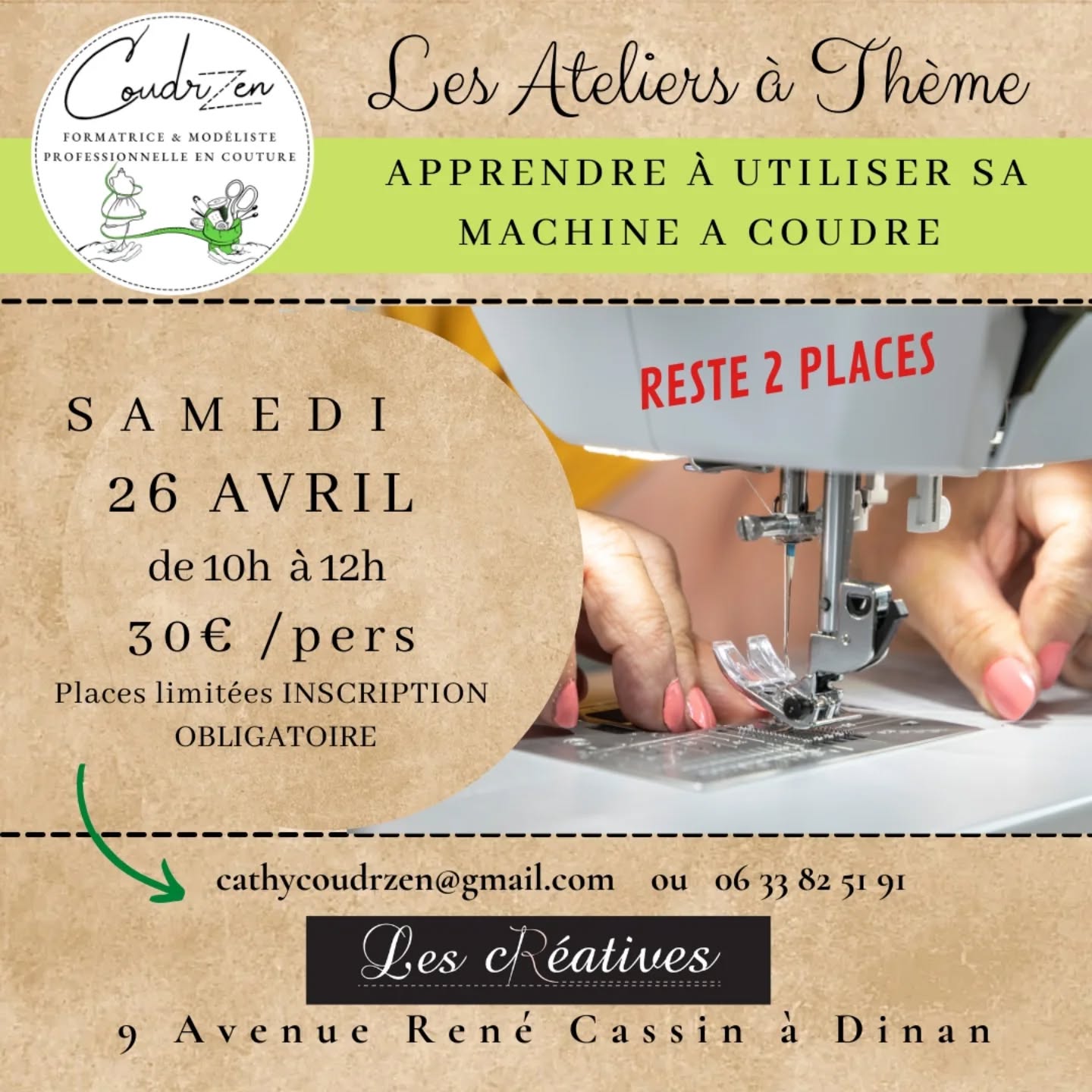 Vous souhaitez apprendre à maîtriser votre machine à coudre pour pouvoir bien réaliser vos futurs projets, c'est le cours idéal pour vous.
Contactez moi au 06 33 82 51 91 ou cathycoudrzen@gmail.com
Reste 2 places 😃
A dinan chez @lescreativesdinan