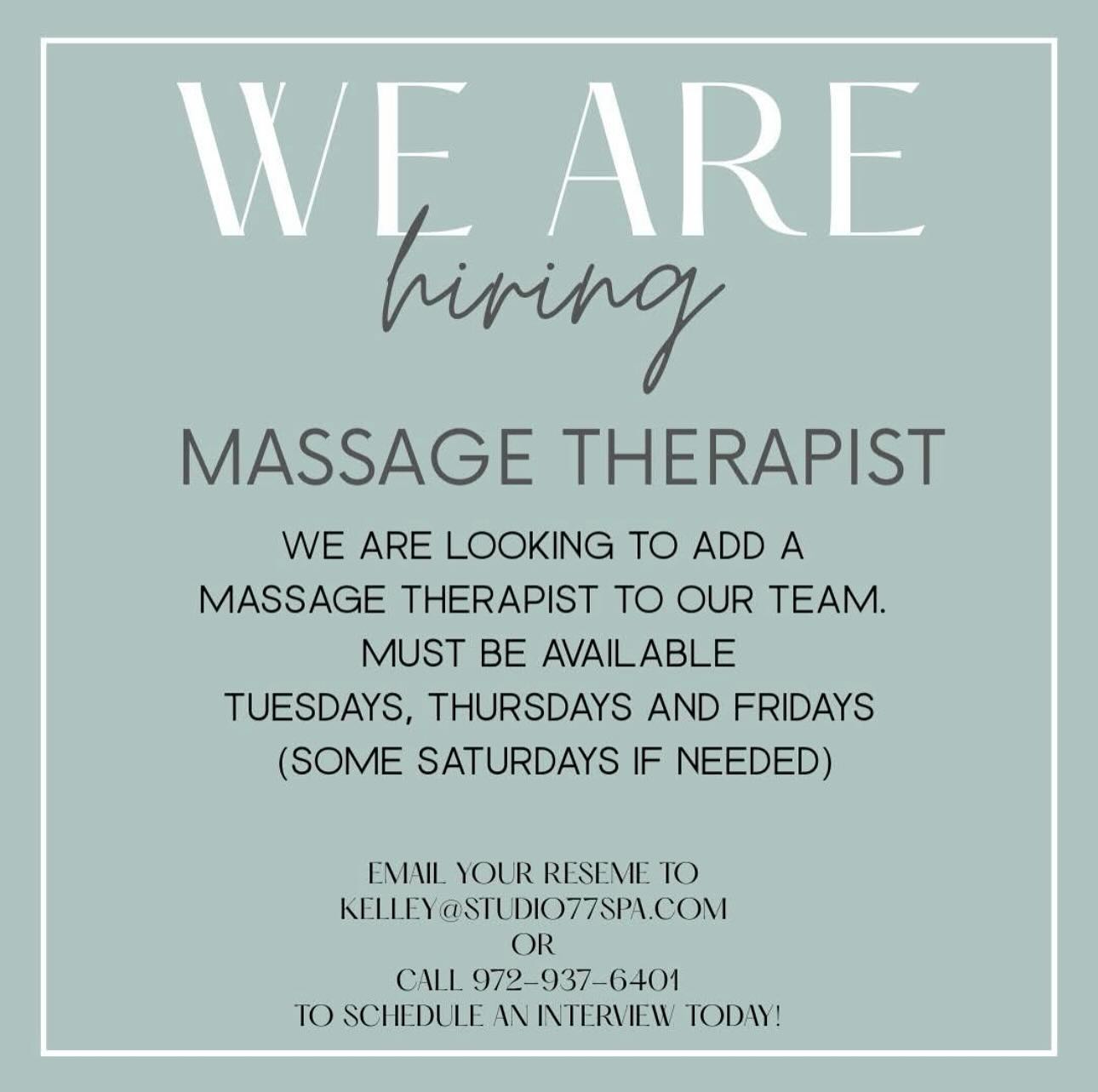 We are hiring for a massage therapist! If you are looking for your forever home or know someone who is interested please share this post! Call 972-937-6401 or email your resume to kelley@studio77spa.com ! 🖤
