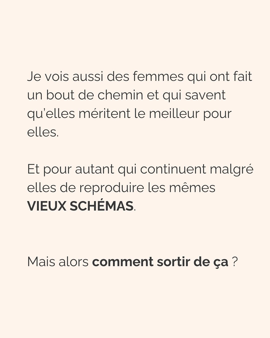 Dans une relation amoureuse, multiplier les critères physiques précis émane d’un besoin crucial de te sentir en sécurité.
Notre cerveau ne fait pas la différence entre ce qui est vrai et ce qui est imaginé. Si tu lui dis qu’en cochant ces cases, cet homme te permettra d’être en sécurité, tu te sentiras effectivement en sécurité avec lui. Pendant un temps…
Donc pour ton cerveau, critères physiques respectés = sécurité, jusqu’à ce que la relation dégénère (non respect de tes besoins par ci, incohérence par là, manque de communication etc.), que tu culpabilises et que tu n’arrives plus à t’en dépatouiller.
Ce besoin de sécurité que tu as, il est aussi légitime qu’il peut te faire faire n’importe quoi. Donc l’idée c’est d’aller l’écouter, mais VRAIMENT l’écouter.
Et pour vraiment écouter ton besoin de sécurité, tu peux :
* Rassurer la part de toi qui culpabilise de revivre les mêmes situations encore et encore et d’osciller entre des relations qui te font du mal et des relations où tu t’ennuies
* Faire de la place à cette part de toi qui a besoin de contrôler autant les choses pour se sentir rassurer
* Laisser s’exprimer la part qui juge les 2 premières et qui bloque le processus de libération émotionnel
C’est ainsi que tu pourras réconcilier les 2 parties qui semblent s’opposer en toi :
celle qui veut vraiment le respect, l’amour, la douceur qu’elle mérite (partie consciente)
et celle qui court après les relations compliquées parce que c’est ce qu’elle connaît (partie inconsciente).
———————————————————————
Je suis Emilie, thérapeute & coach diplômée spécialisée dans la dépendance affective.
J’aide les femmes qui souffrent de schémas toxiques répétitifs à aimer sereinement et librement, sans plus jamais s’oublier.
Tu te reconnais dans ce post ? Faisons connaissance pour savoir comment je peux t’accompagner. Rdv dans le lien en bio ou sur emilie-leduc.com
#dependanceaffective #manipulation#relationtoxique#addiction#dependance#peurs#blessuredabandon#rupture#couple#hypersensibilité #emotions #abandon #perversnarcissique #depression #blessuredelame #selflove #amourdesoi #tinder#date#rencontre #angoisse#solitude #lovecoach #pn #devperso #amourdesoi