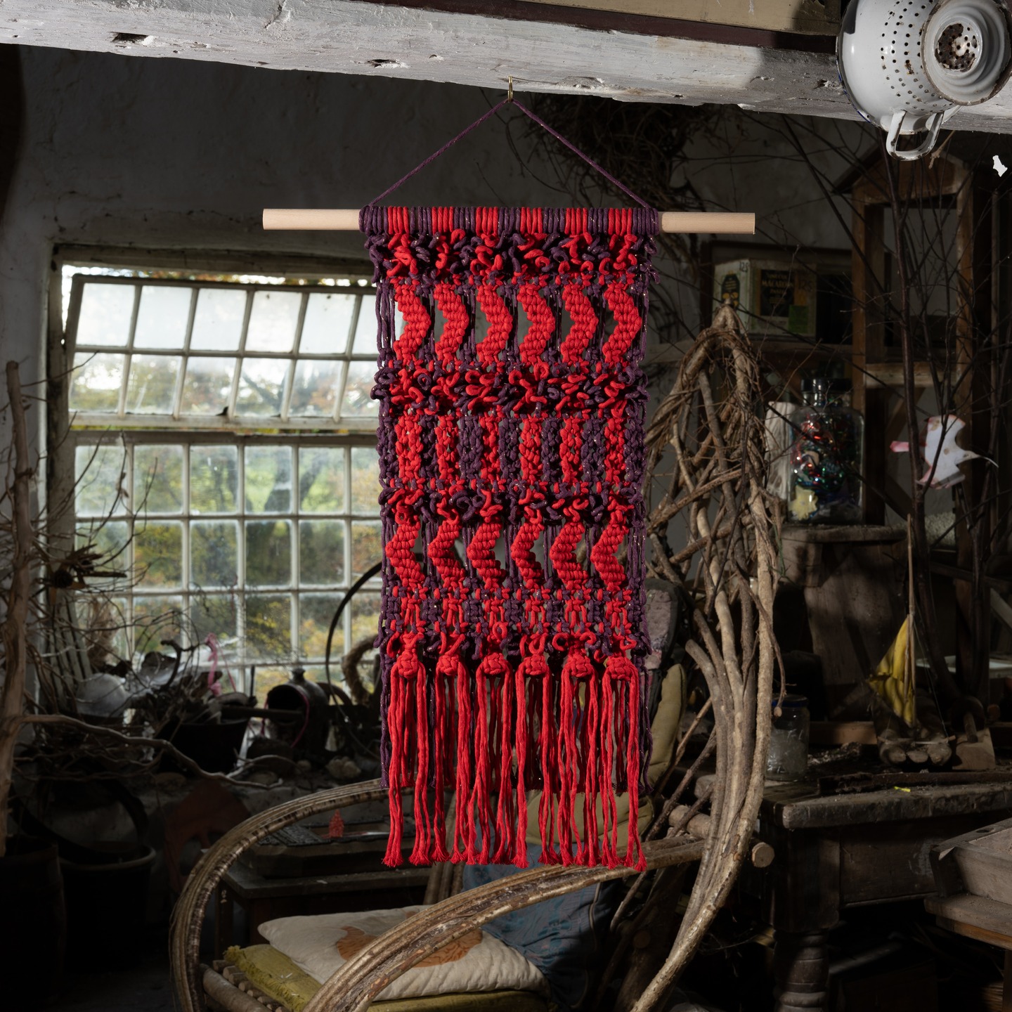 'Red and Purple' - geometric patterning using beautifully soft twisted recycled cotton cords in red and purple hues with square knot picots, flecks of gold metallic. This unique piece is finished with a layered double fringe threaded through berry knots and hangs beautifully from a natural wood dowel.
karenmorganart.com
info@karenmorganart.com
#macramé #wallhanging #artistsoninstagram #fibreart #texturalart