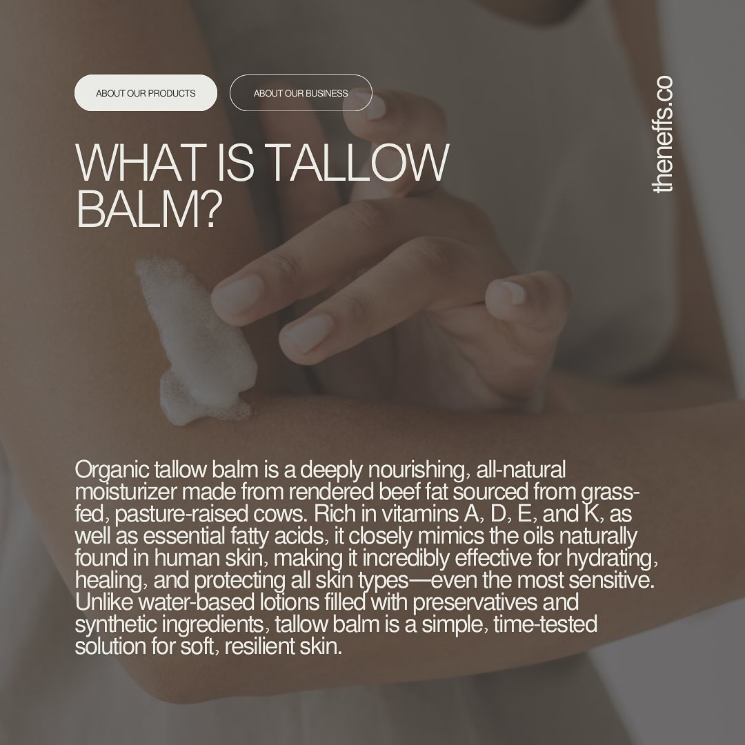Hi! 👋🏼 I'm so glad you're here. Recently, I've run across many people that are not familiar with what tallow is and why it's so beneficial.
At The Neffs Co., we craft organic tallow balm from grass-fed, pasture-raised Colorado beef—rich in the same nutrients your skin craves. No fillers, no fragrances, just pure, ancestral skincare that actually works. It’s time to ditch the chemicals and return to what’s real.
Pure. Local. Wildly Effective. 🏔️✨
#TheNeffsCo #TallowBalm #OrganicSkincare #GrassFedTallow #NonToxicBeauty #HolisticSkinCare #SlowBeauty #TallowForSkin #AncestralWellness #SkincareThatWorks #NaturalGlow #SimpleSkincare #SmallBatchSkincare #ColoradoMade #sustainablebeauty #roaringforkvalley #regenerativefarming #crunchymom