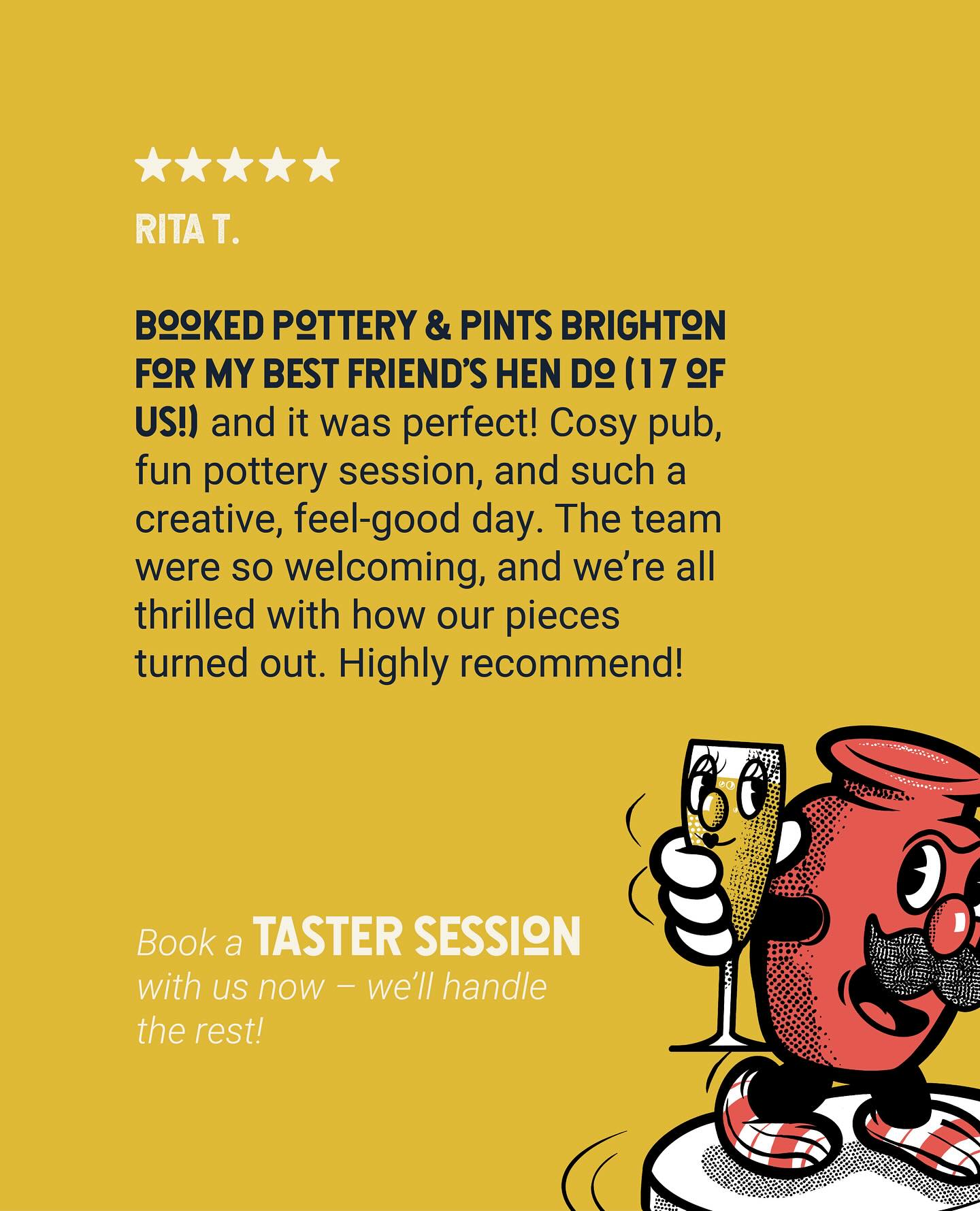 Hen do? Sorted 💃
Date night? Covered ❤️
Fancy a taster session with wine and a wheel? Absolutely.
Pottery & Pints has something for everyone – come get messy (in the best way) 👐✨
Book via our website - Can’t wait to see you soon!
Planning a hen do, stag night or special birthday? Let us handle the details. Just fill out the group booking form on our website and we’ll be in touch with everything you need to know.
#henpartyideas #henpartyideasbrighton #potterybrighton #birthdayideas #datenightideas #mynewhobby #thingstodoinbrighton #stagpartyideas #potteryandpints