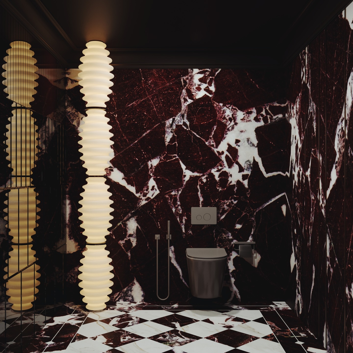 Maussade Villa ~
Sculptural luxury in a compact space. Deep burgundy marble, a glowing full-height light column, and bold geometric flooring come together in this dramatic powder room. Minimalist, moody, unforgettable.