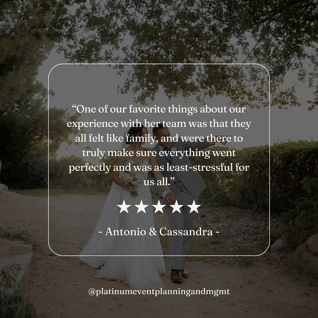 Here’s what Antonio & Casandra had to say about their big day with us ✨💬💍
“Platinum Event Planning and Management helped my wife and I create the most perfect wedding.
From finding all of our vendors, to coordinating day of planning, everything went as smoothly as could be. Monica was always communicative with us, letting us know what we had to do and when we had to have it completed by. Her team provided various vendors for a specific need, that would allow us to choose what fit our wants and preferences. From the moment we had initially met with Monica, she demonstrated knowledge and professionalism that we knew felt was right.
We were happy to have had her and her team plan and coordinate our wedding, and are recommending her to friends and family who are also marrying in the future! One of our favorite things about our experience with her team was that they all felt like family, and were there to truly make sure everything went perfectly and was as least-stressful for us all.
Thank you Platinum for your passion and dedication We would hire Monica and her team for any of our event needs.”
#WeddingTestimonial #HappyCouple #PlannerLove #DreamWedding