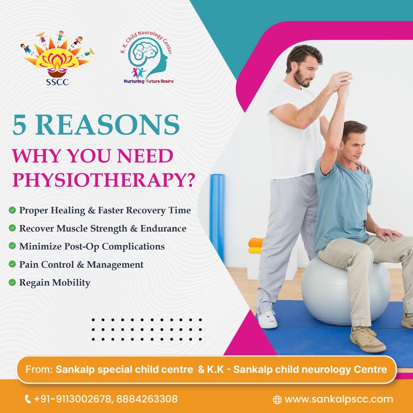 🏥✨ Physiotherapy is the key to faster healing and better health!
Here are 5️⃣ reasons why you need it:
✅ Faster recovery and proper healing
✅ Regain muscle strength & endurance 💪
✅ Minimize post-op complications 🏥
✅ Pain control and management 🧘♂️
✅ Restore your mobility and independence 🚶♀️
At Sankalp Special Child Centre & K.K. Sankalp Child Neurology Centre, we are committed to your full recovery and better tomorrow! 🌟
Let's heal, strengthen, and move better together! 💙
📞 Call us today!
#PhysiotherapyMatters #SankalpCare #HealingJourney #StrongerEveryday #HealthFirst #PainFreeLife #MobilityMatters #WellnessJourney
