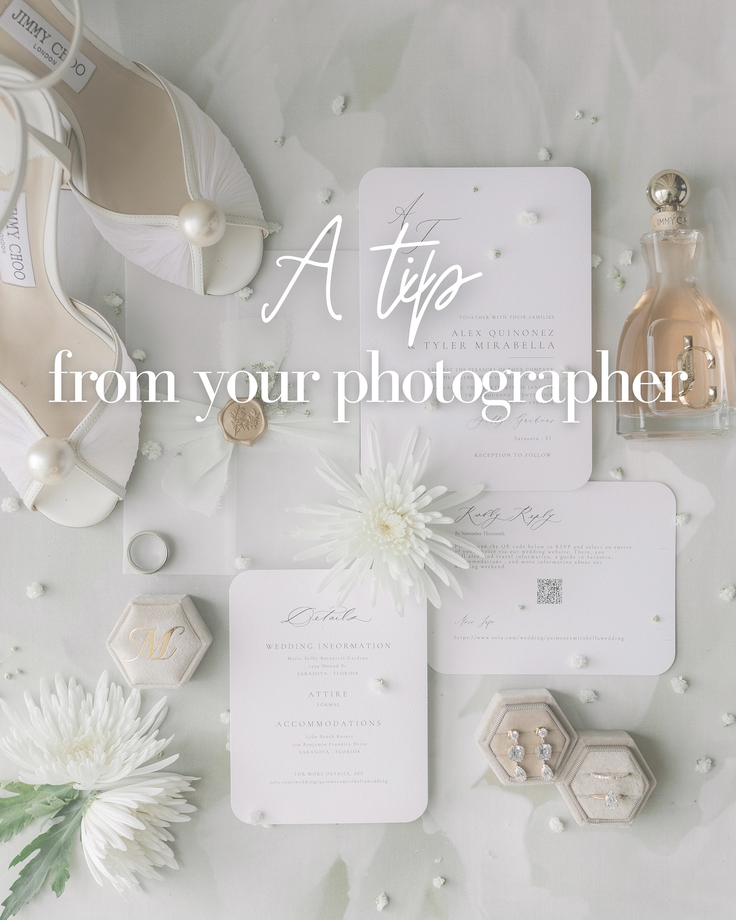 Tip Tuesday from your photographer:
The magic is always in the little things.
Before your big day, take a few moments to gather the details—your rings, invitation suite, perfume, vow books, heirlooms, or anything meaningful. Place them all in one detail box and have it ready for your photographer when they arrive.
These little pieces may seem small, but together they tell the full story of your day—your style, your love, your beginning. And trust me, they make for timeless, magazine-worthy photographs you’ll cherish forever.
.
TipTuesday #WeddingTips #WeddingDetails #FlatLayMagic #BridalTips #FloridaWeddingPhotographer #SweetCharmsWeddings #BrideToBe #WeddingFlatlay #tampaweddingvideographer #tampaweddingphotographer