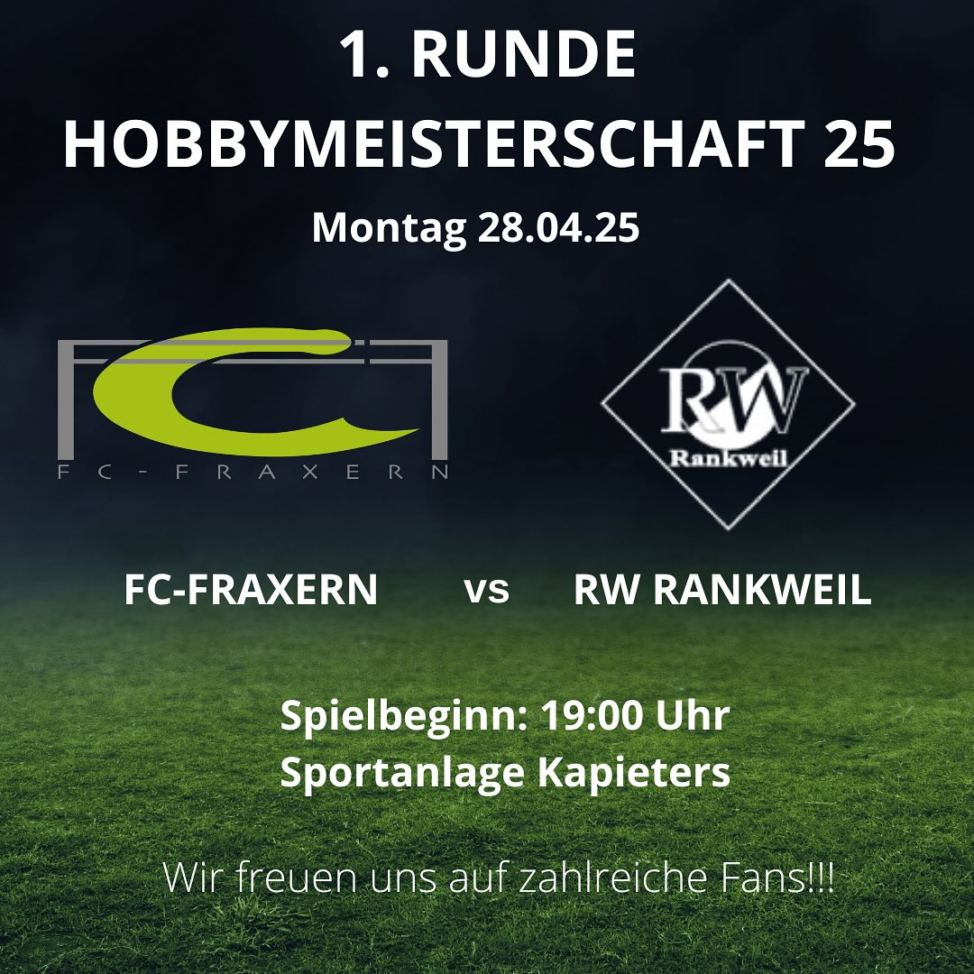 1. Heimspiel!! ⚽️⚽️⚽️
Am Montag starten wir in die Meisterschaft 2025!! Anpfiff ist um 19:00 Uhr auf der Sportanlage Kapieters gegen den RW Rankweil.
Wir freuen uns auf zahlreiche Unterstützung für unsere Mannschaft!
#fcfraxern #fussball #hobbyligavorderland #fussballspielenwoandereurlaubmachen #fraxern