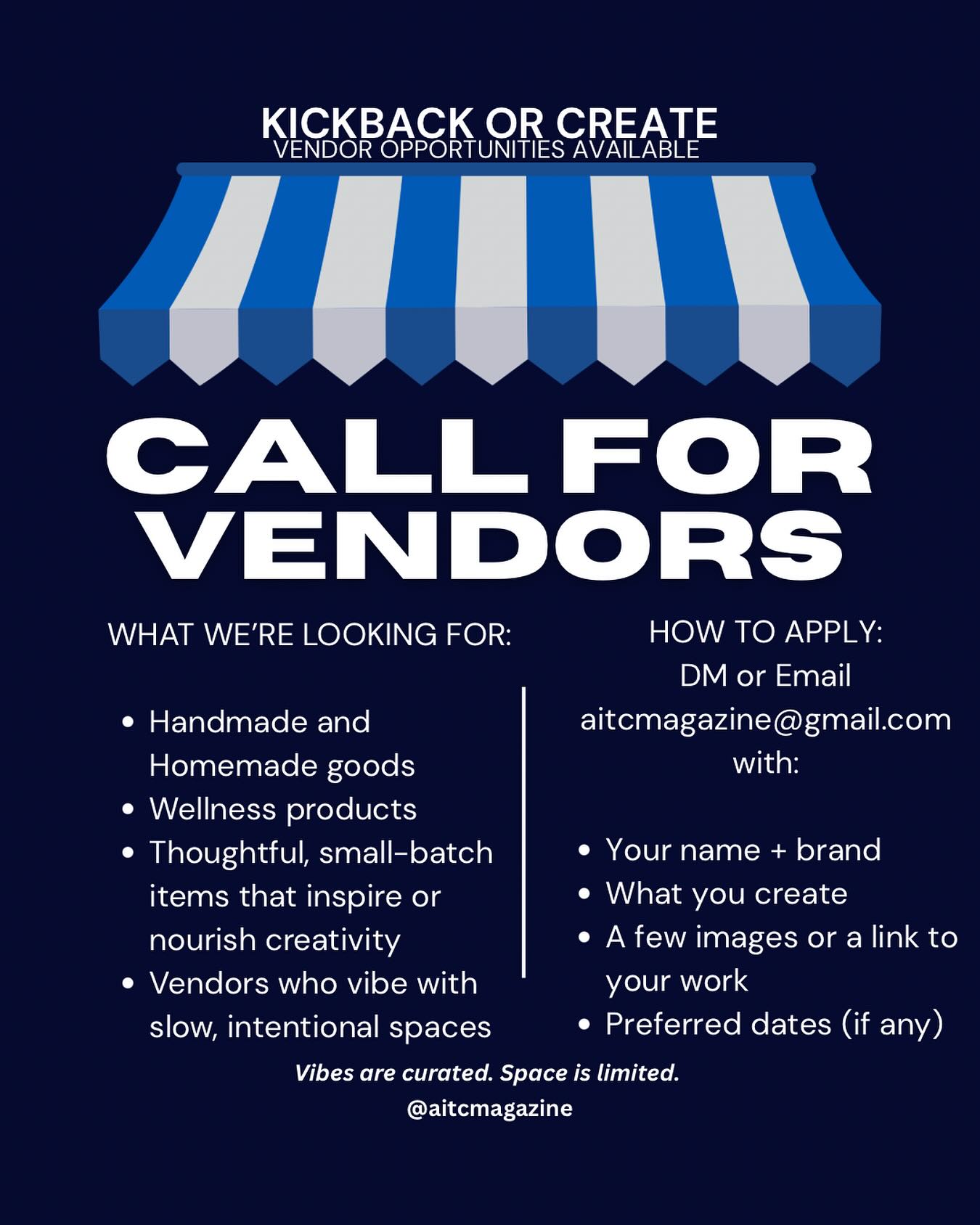 Calling all makers, movers, and creative small business owners: we’re curating a limited rotation of vendors for Kickback or Create — Skyloft F’s new bi-monthly open studio event launching May 4.
If you offer handmade goods, wellness products, zines, journals, or anything that inspires and uplifts creative energy — we want to hear from you.
This isn’t a market. It’s a vibe.
Intentional. Soulful. Slow.
Every 1st & 3rd Sunday | 10AM – 2PM
Held in person at Skyloft F Rental Studio
Spots are limited. Vibes are curated.
DM @aitcmagazine or email aitcmagazine@gmail.com to get involved.
#KickbackOrCreate #BaltimoreVendors #DMVEvents #CreativeBaltimore #SupportLocalArt #SlowCreativeMovement #InPersonEvents #BaltimoreMakers #ZineLife #PopUpVibes #OpenStudioBaltimore #AITCMagazine