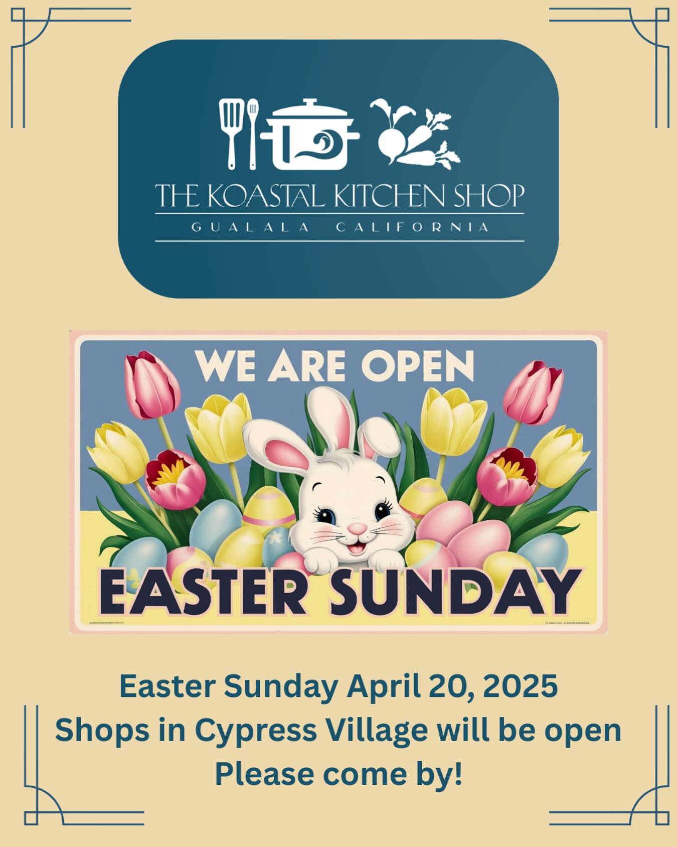 Cypress Village will be open tomorrow Easter Sunday! Thank you for shopping small! #shopmendonoma #gualalaca #searanchcalifornia #shopsmall #shopsmallbusiness #TheKoastalKitchenShop #YourKreativeKitchenShop #KoastalKitchenGualala