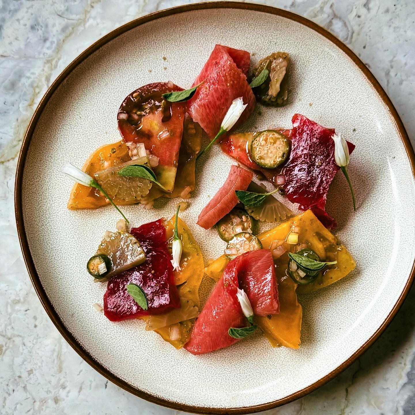 Crudo | pickled green strawberry | caper berries | friarielli oil |onion blossom | oregano
Blue fin otoro | akami | chutoro