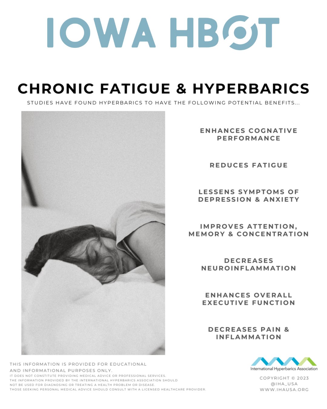Check out this blog on Chronic Fatigue & Hyperbarics!
https://www.iowahbot.com/post/chronic-fatigue-and-hyperbaricshttps://www.iowahbot.com/post/chronic-fatigue-and-hyperbarics
Studies have found HBOT to offer benefits for those dealing with chronic fatigue, including:
- Enhancing cognitive performance
- Reducing fatigue
- Lessening symptoms of depression & anxiety
- Improving attention, memory & concentration
- Decreasing neuroinflammation
- Enhancing overall executive function
- Decreasing pain & inflammation
Call us at 515-421-4018 to book a free consultation
#HyperbaricOxygenTherapy #HBOT #ChronicFatigue #BrainHealth #WellnessJourney #IowaHBOT #FatigueRelief #CognitiveHealth