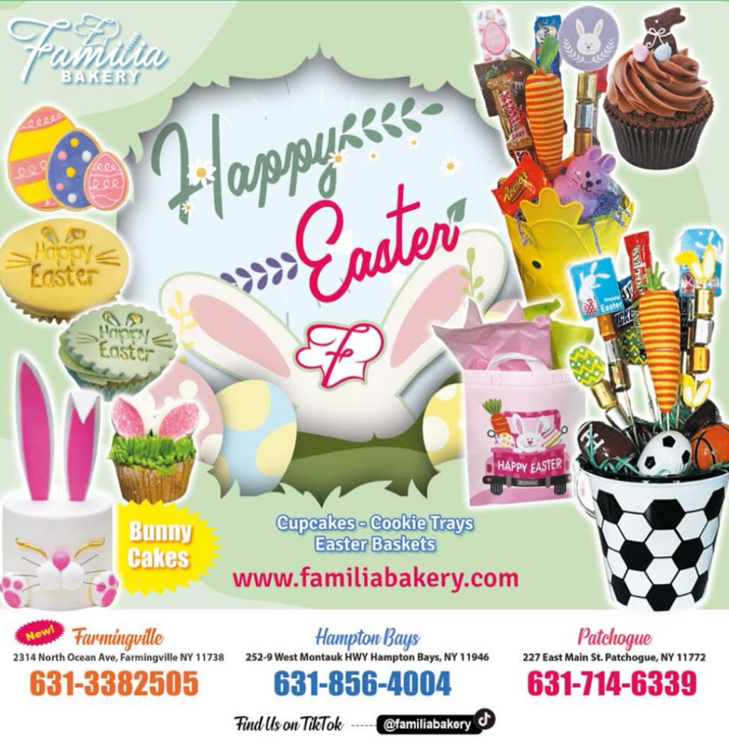 Cakes , cupcakes, Easter team cookies, Easter Baskets and much more… Celebrate with delicious festive desserts!!www.Familiabakery.com For more info. check page 21 #Familiabakery #easterdessert