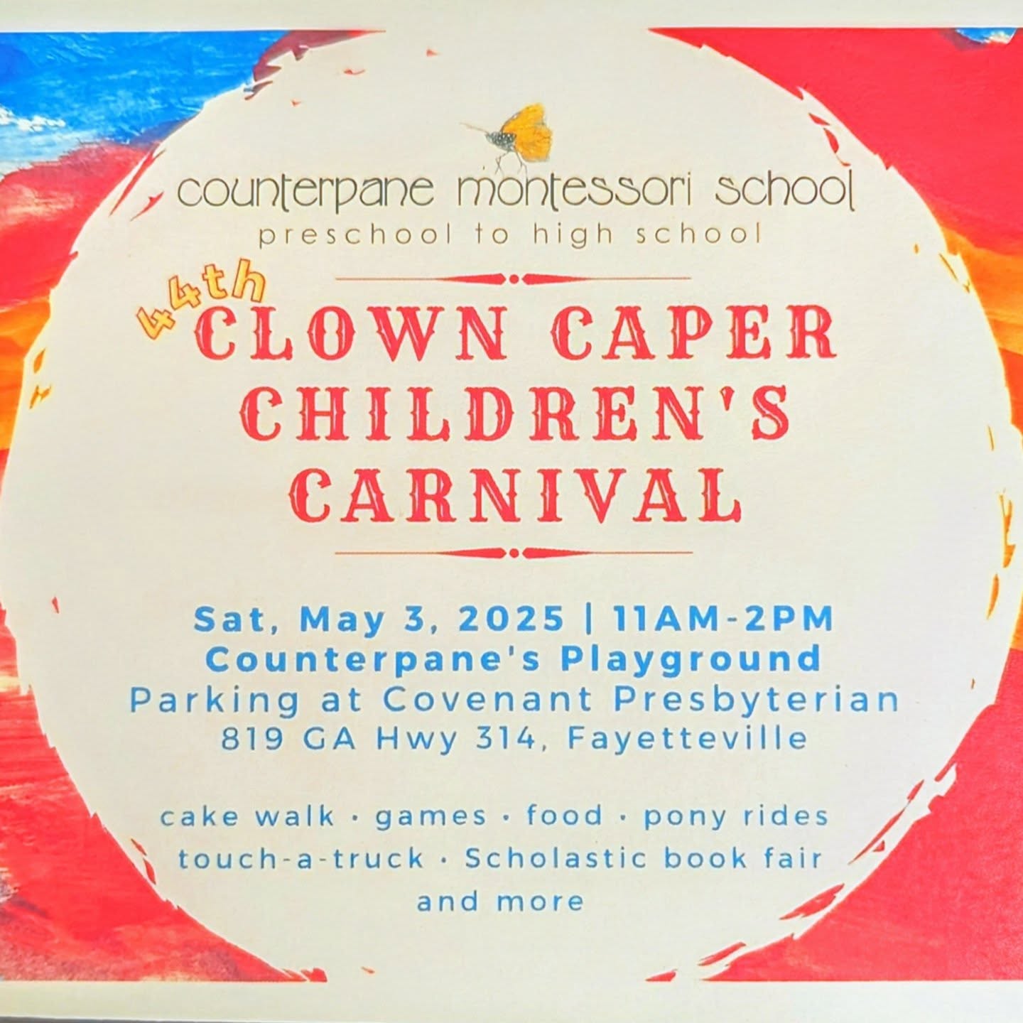 THIS SATURDAY! After getting rained out last Fall, it's finally time for the 44th annual Clown Caper! We are so excited to present our old school style kids carnival complete with games, food, face painting, a Scholastic book fair, touch-a-truck, a cake walk, and pony rides! Wristbands are $30 for kids 10 and under and food will be available to purchase separately. Come join us for our most fun event of the year! 🤡 🎉 🚒 🎂 🐴 🌭🍔📚 🦋
