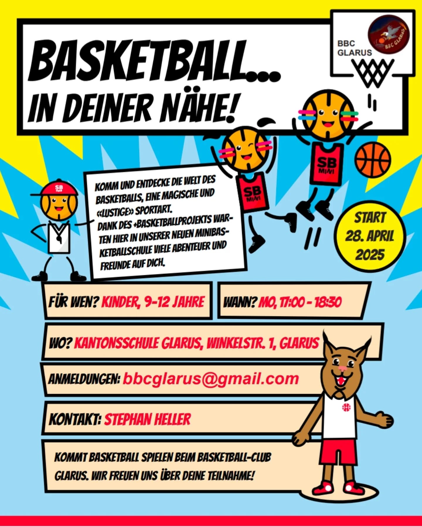 🏀 MINIBASKETBALL IN GLARUS – WIR STARTEN DURCH! 🚀
Du bist zwischen 9 und 12 Jahre alt und hast Lust, eine neue, actionreiche Sportart kennenzulernen? Dann komm beim Basketball Club Glarus vorbei und probier Basketball aus – eine weniger bekannte, aber mega coole Alternative im Glarnerland!
✨ Ab dem 28. April startet unser Minibasketball-Training jeden Montag, 17:00–18:30 an der Kantonsschule Glarus.
🔥 NEU: Für alle 13- bis 15-Jährigen gibt’s jetzt auch ein U15-Training mit unserem neuen Coach – Montags & Freitags, 18:30–20:00 Uhr!
Egal ob Junge oder Mädchen – Basketball ist für alle da. Komm einfach zum Probetraining vorbei oder melde dich:
📩 via Insta, Facebook oder Mail an bbcglarus@gmail.com falls du noch Fragen hast
Let’s ball – wir freuen uns auf dich! 💪🏽🏀
#bbcglarus #minibasketball #glarus #teamspirit #probetraining #letsball#nachwuchs